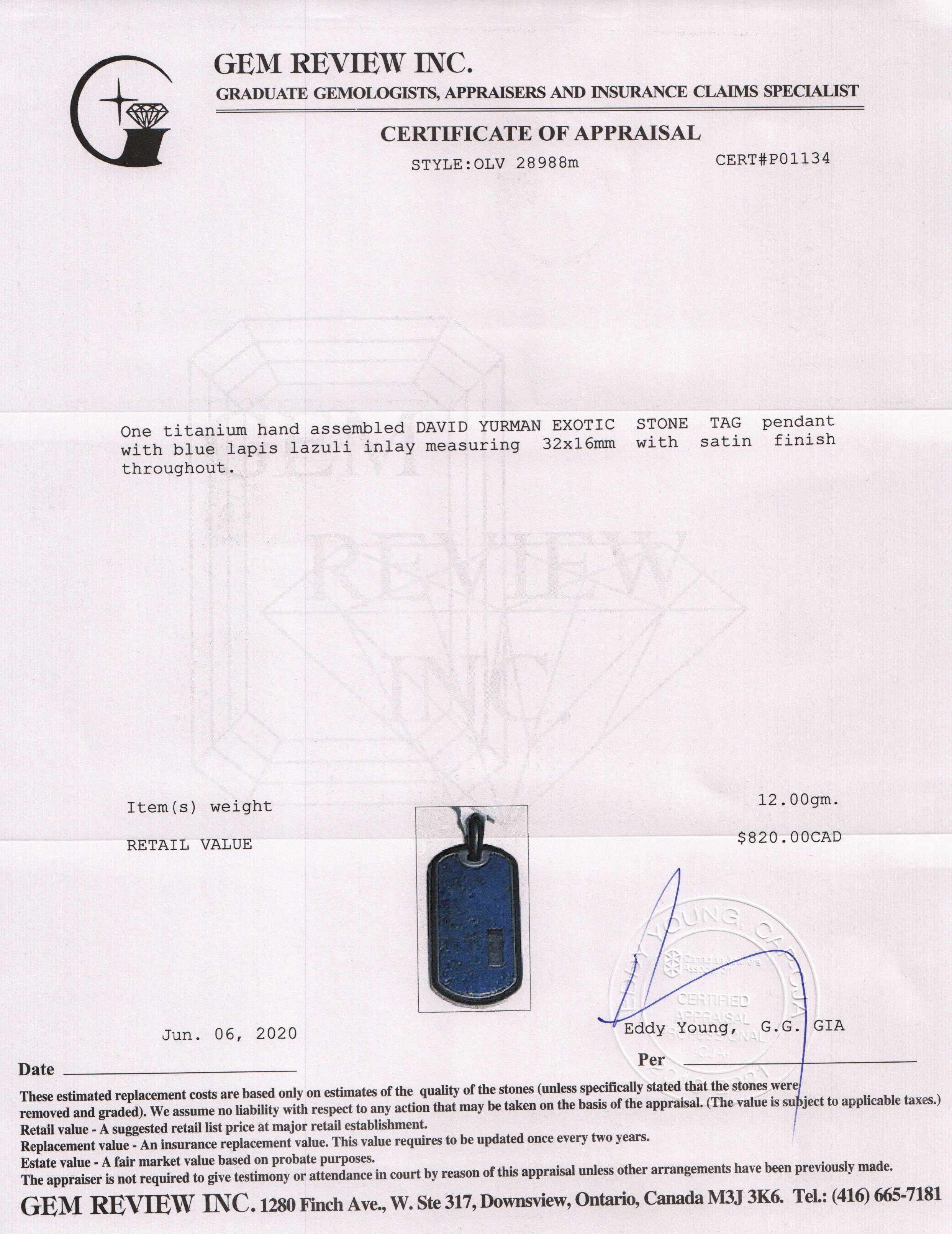 David Yurman Exotic Stone Tag Pendant with Lapis Lazuli