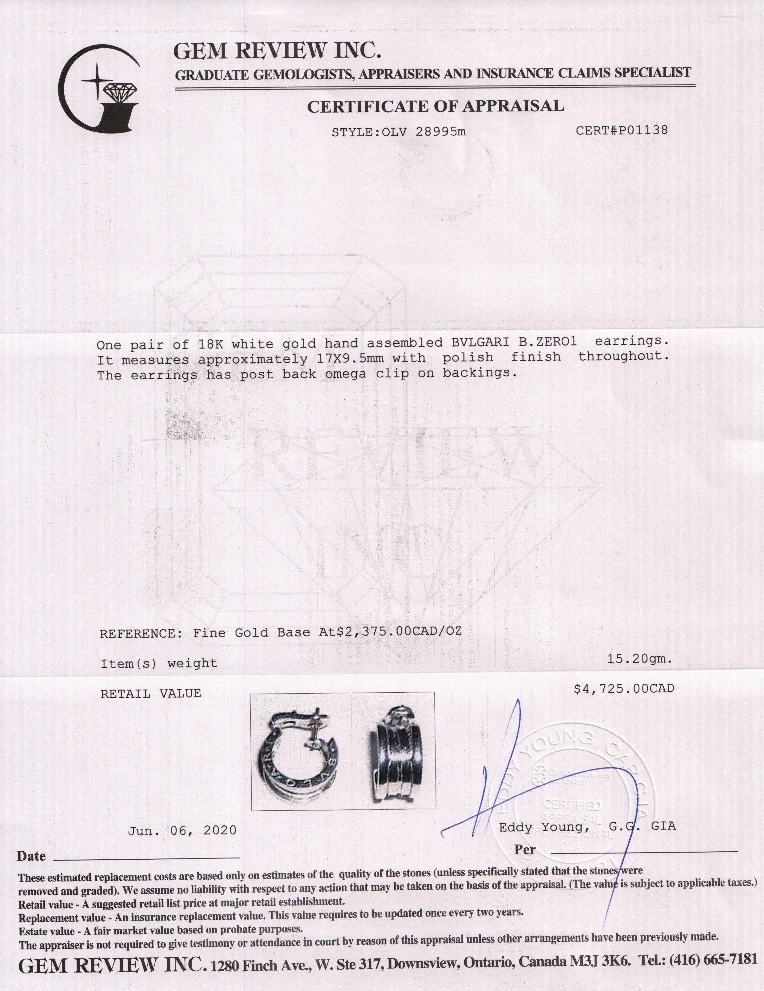 BVLGARI 18k White Gold B.Zero 1 Hoop Earrings