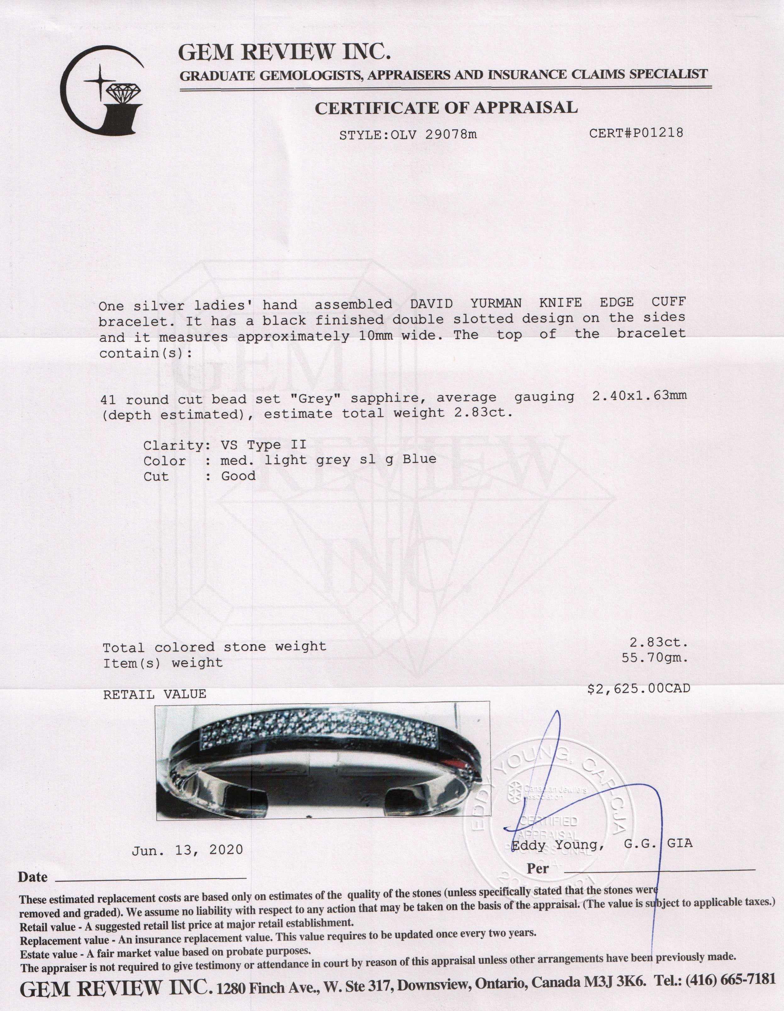 David Yurman Knife Edge Cuff with Grey Sapphires