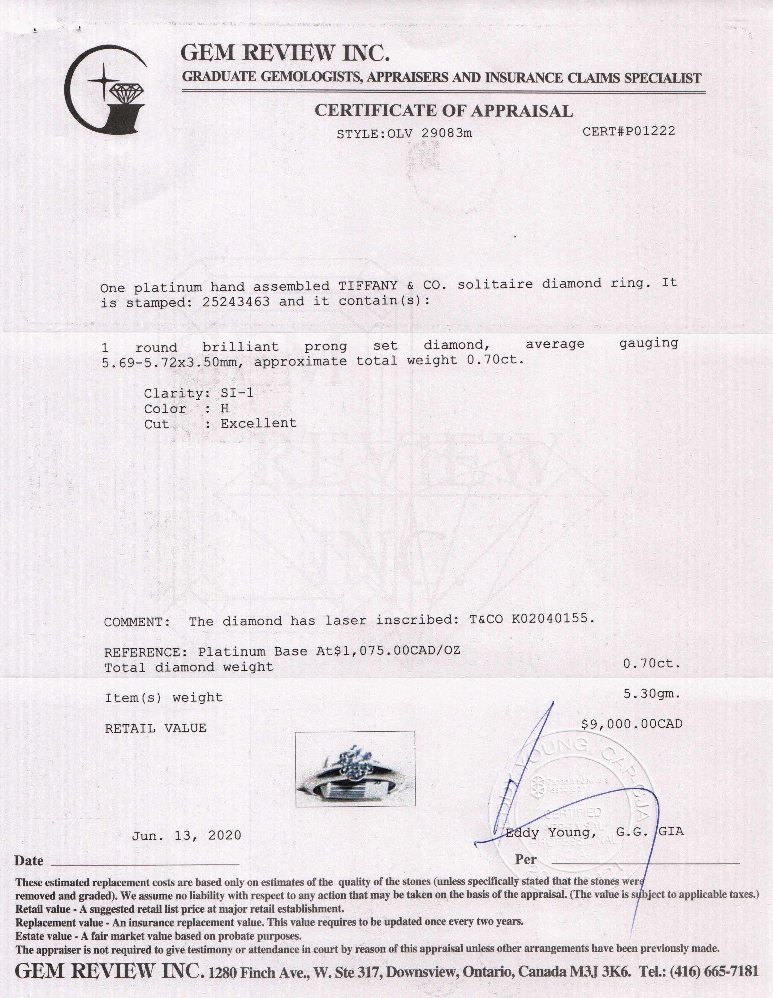 Tiffany & Co. Solitaire 0.70 ct. Round Diamond Engagement Ring