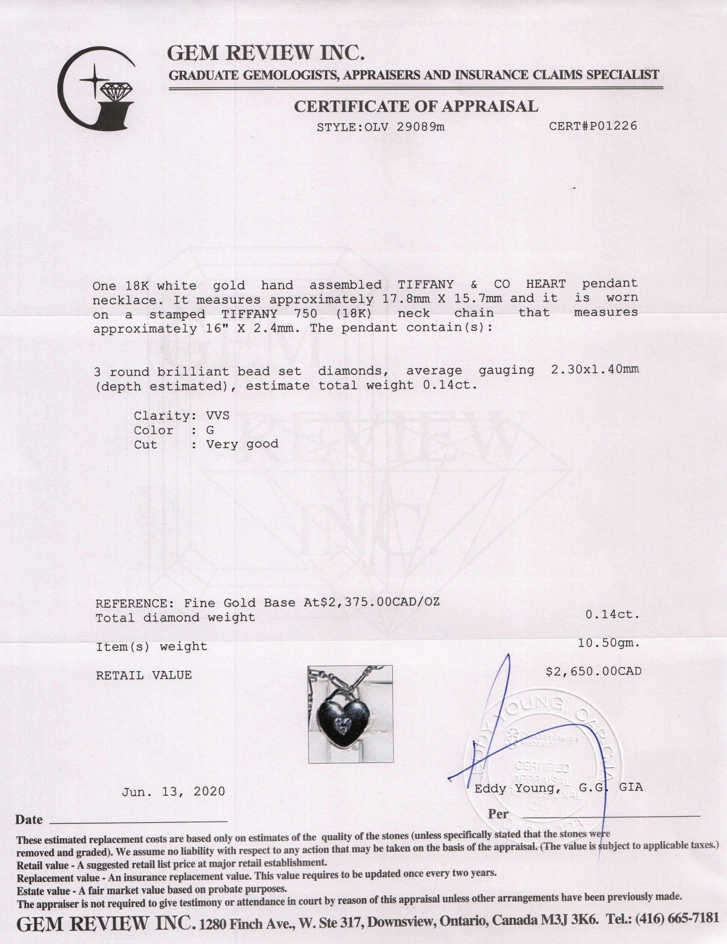 Tiffany & Co. 18k White Gold Diamond Heart Pendant Necklace