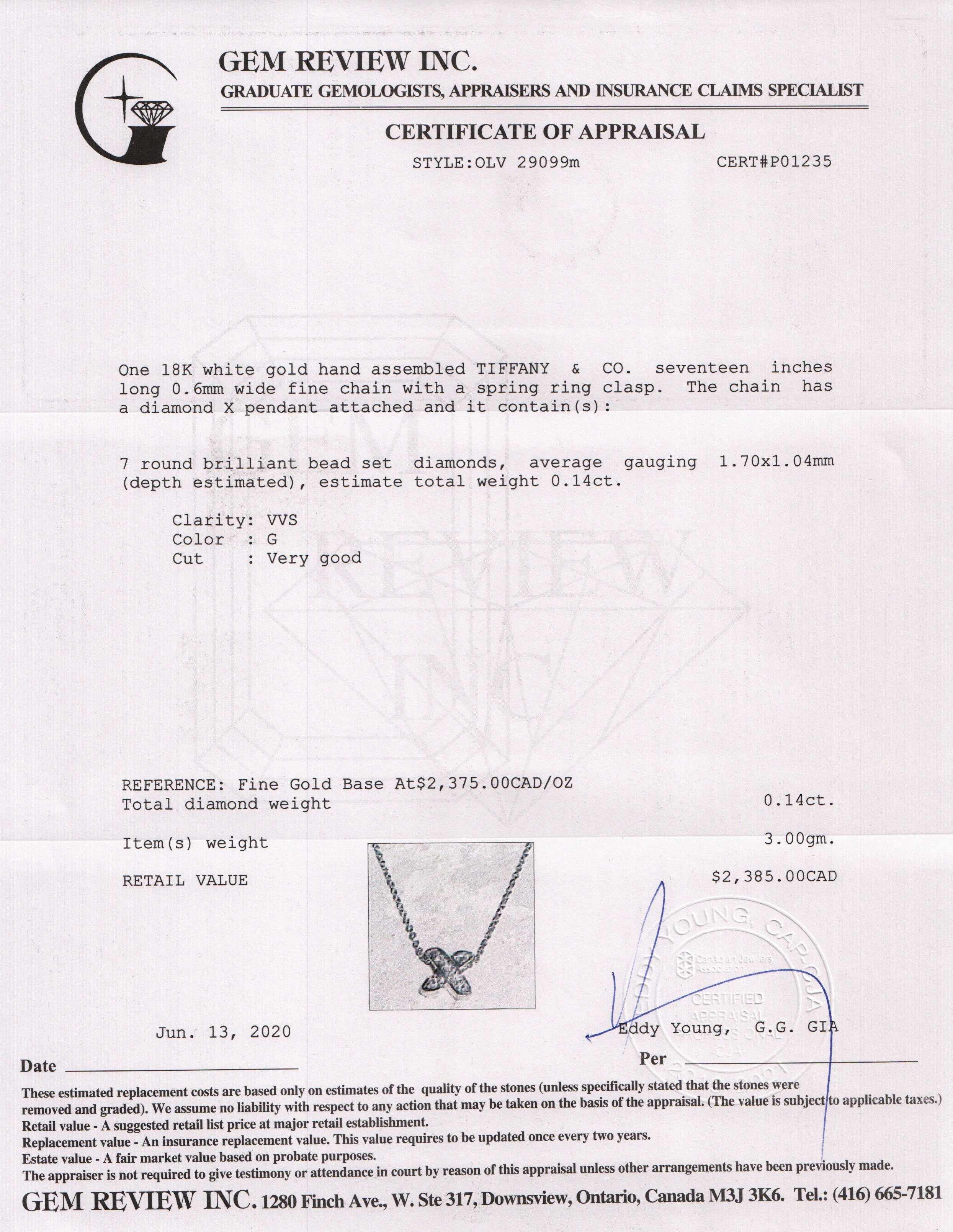 Tiffany & Co. 18k White Gold and Diamond "X" Pendant Necklace