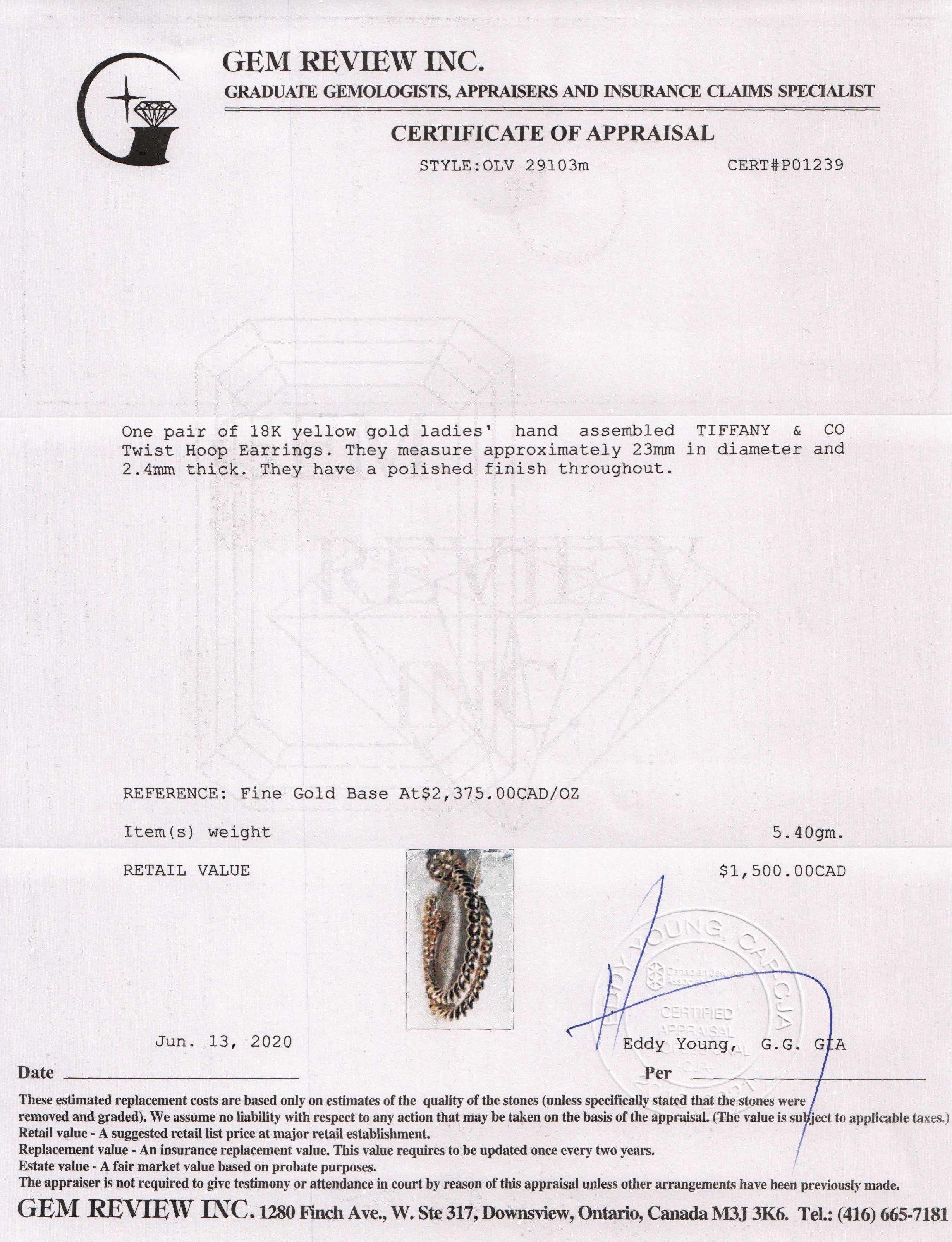 Tiffany & Co. 18k Gold Twist Hoop Earrings