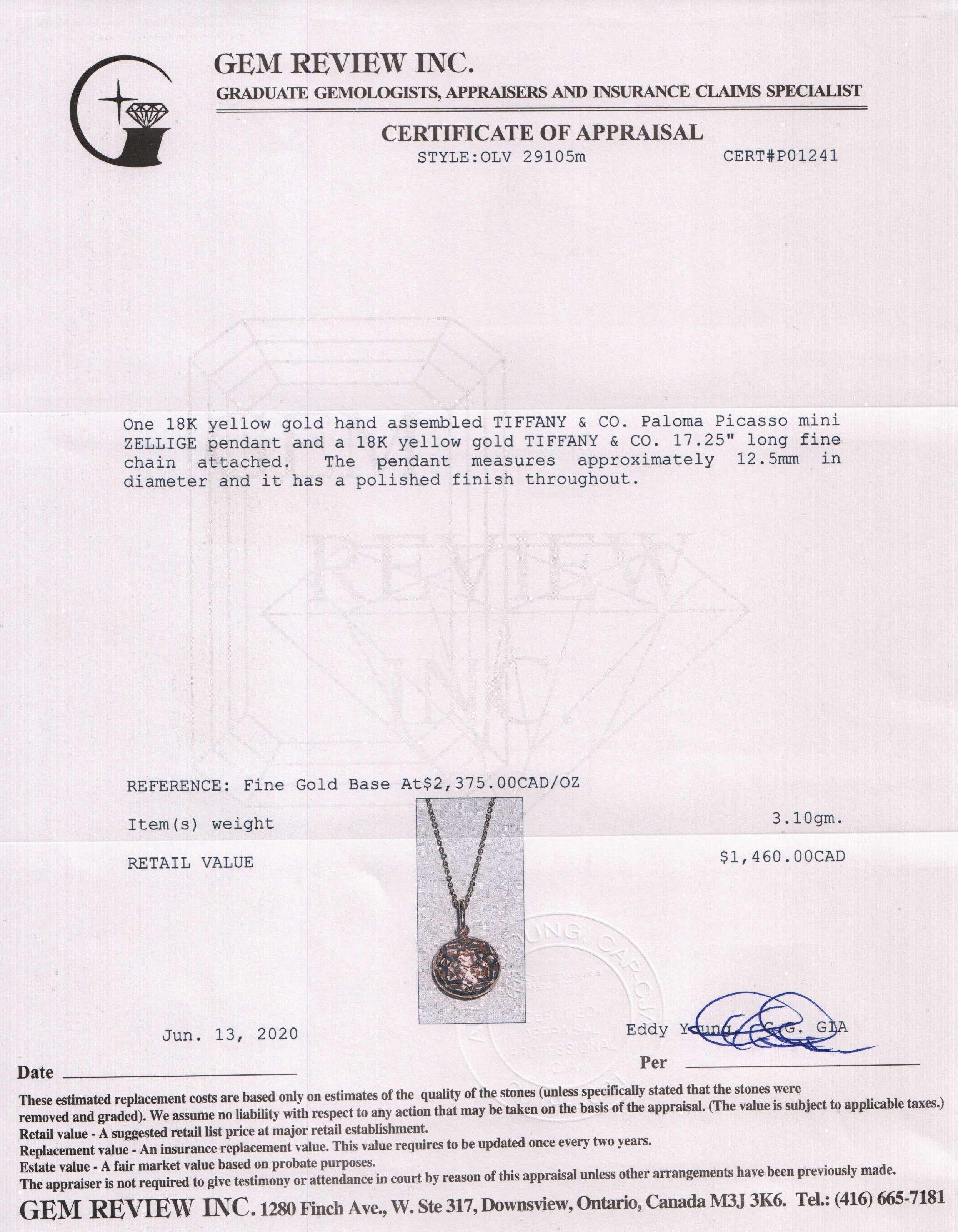 Tiffany & Co. 18k Gold Paloma Picasso Mini Zellige Pendant Necklace