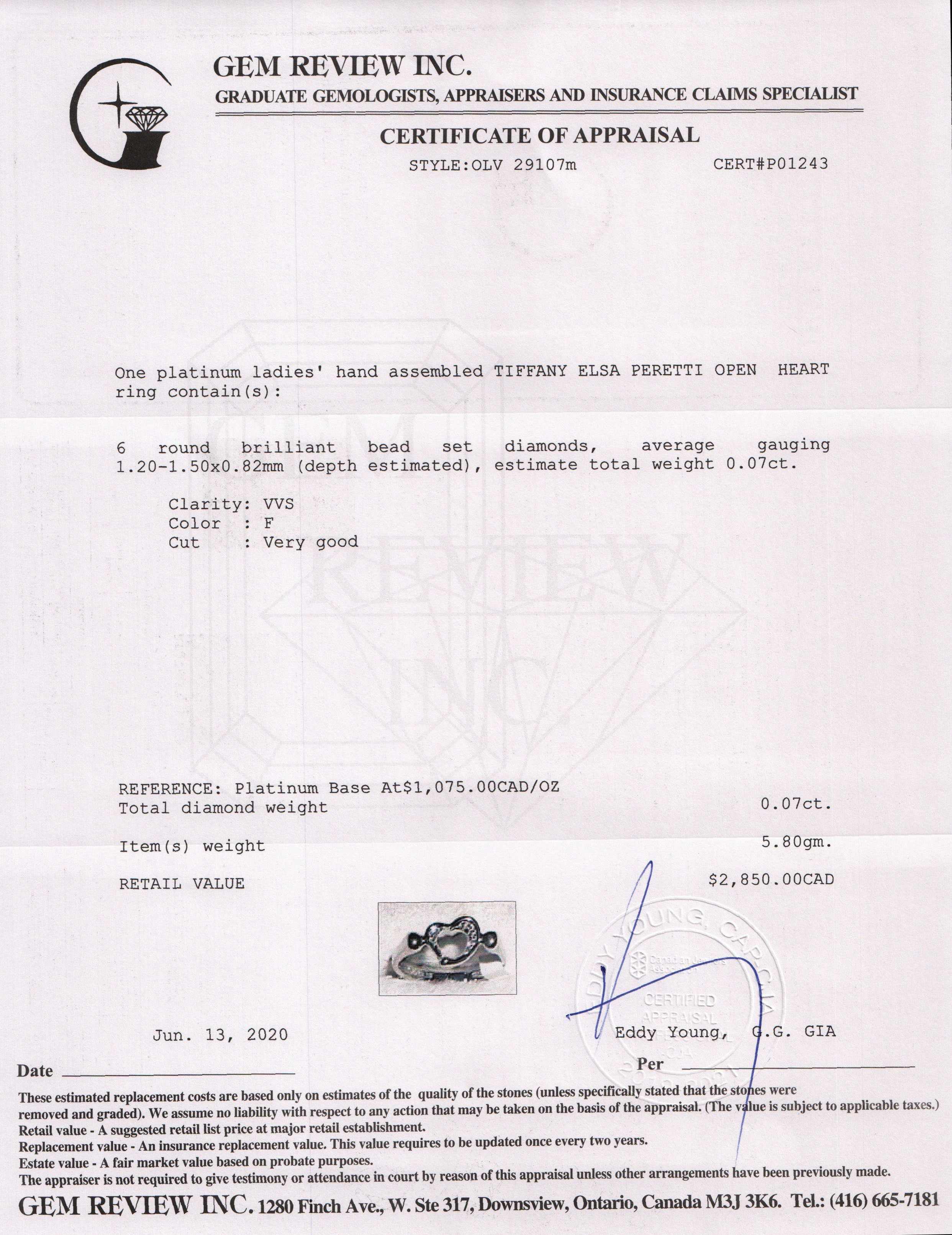 Tiffany & Co. Platinum Elsa Peretti Mini Open Heart Diamond Ring