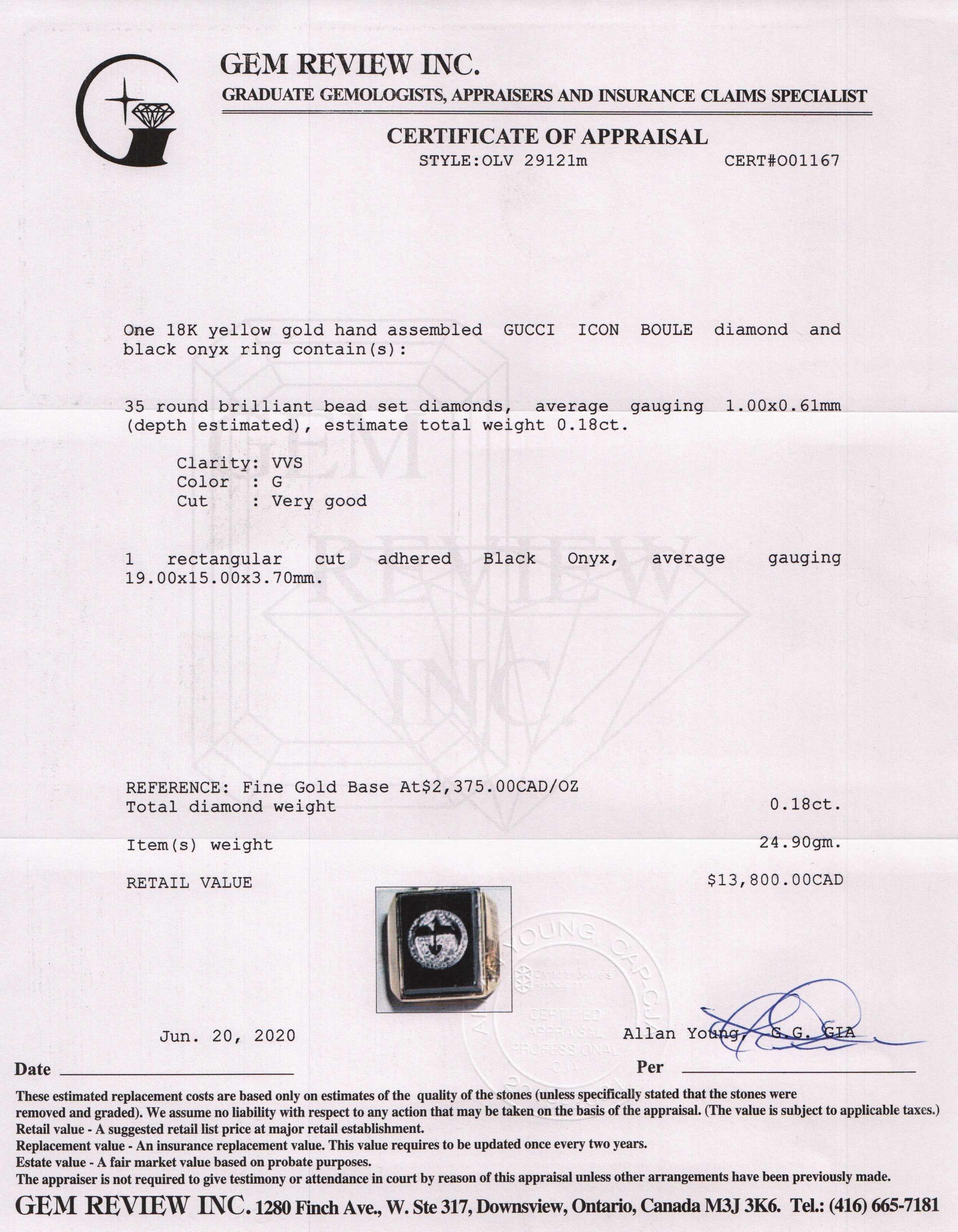 Gucci 18k Gold Icon Boule Onyx and Diamond Ring