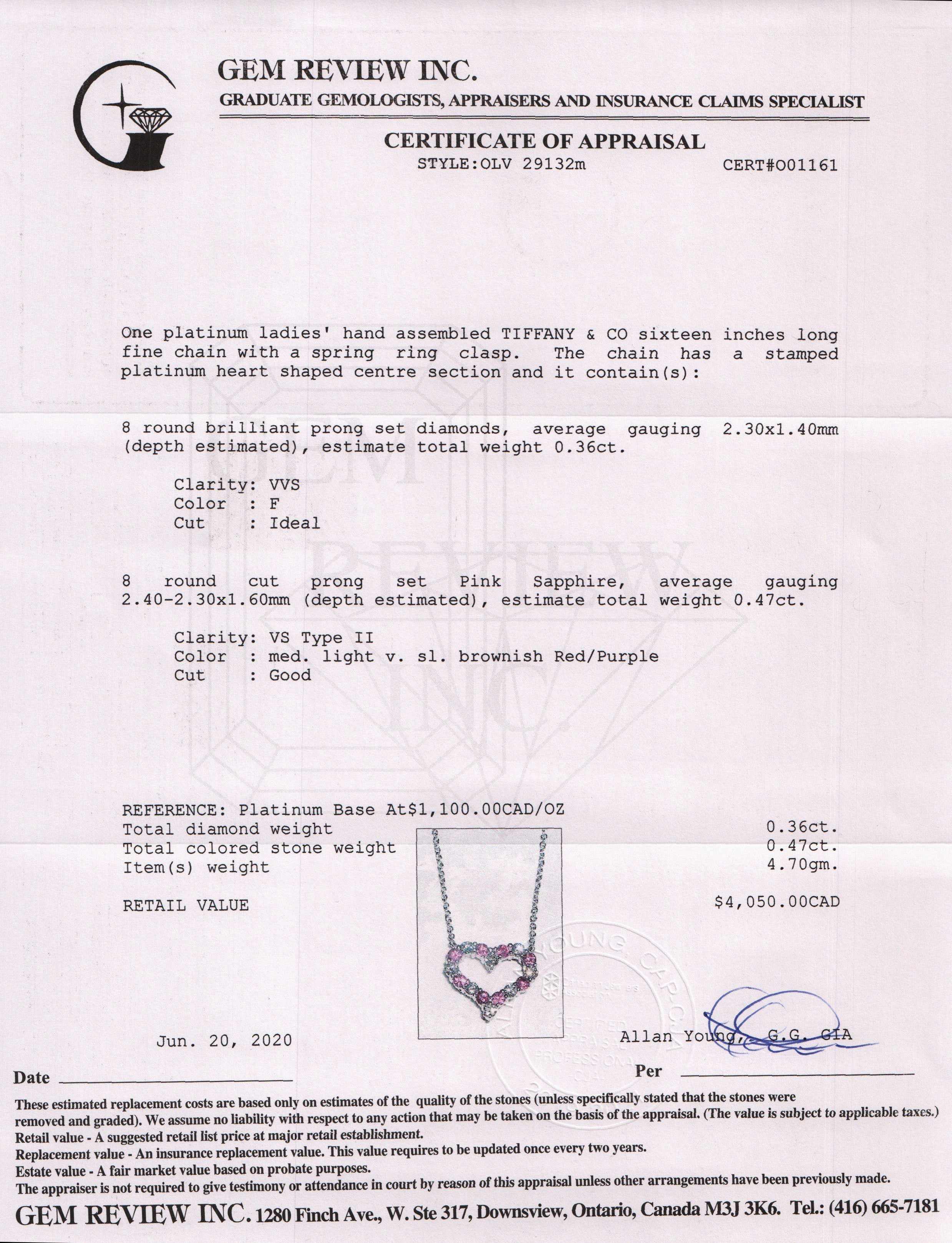 Tiffany & Co. Platinum Diamond and Pink Sapphire Hearts Pendant Necklace