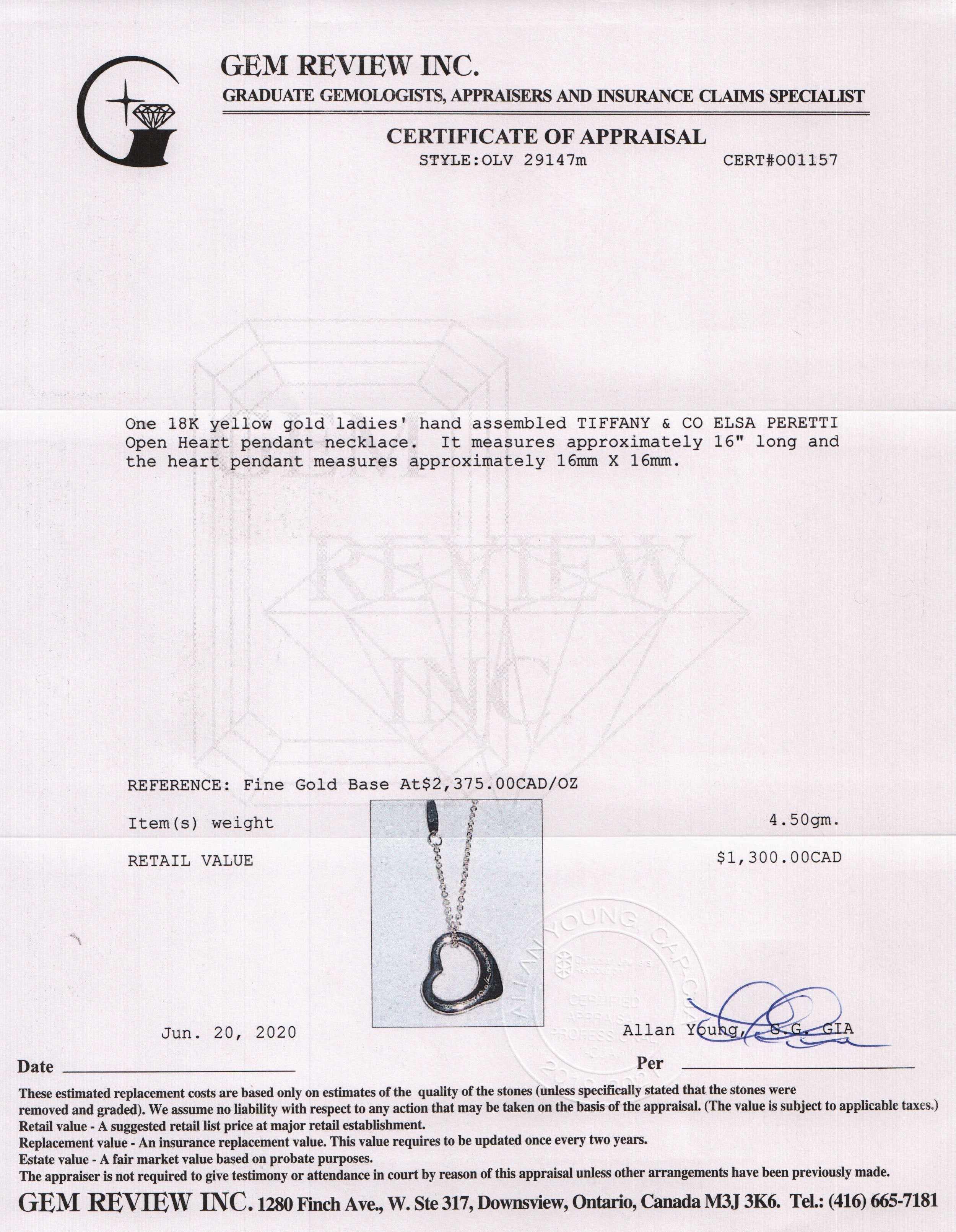 Tiffany & Co. 18k Gold Elsa Peretti Open Heart Pendant Necklace