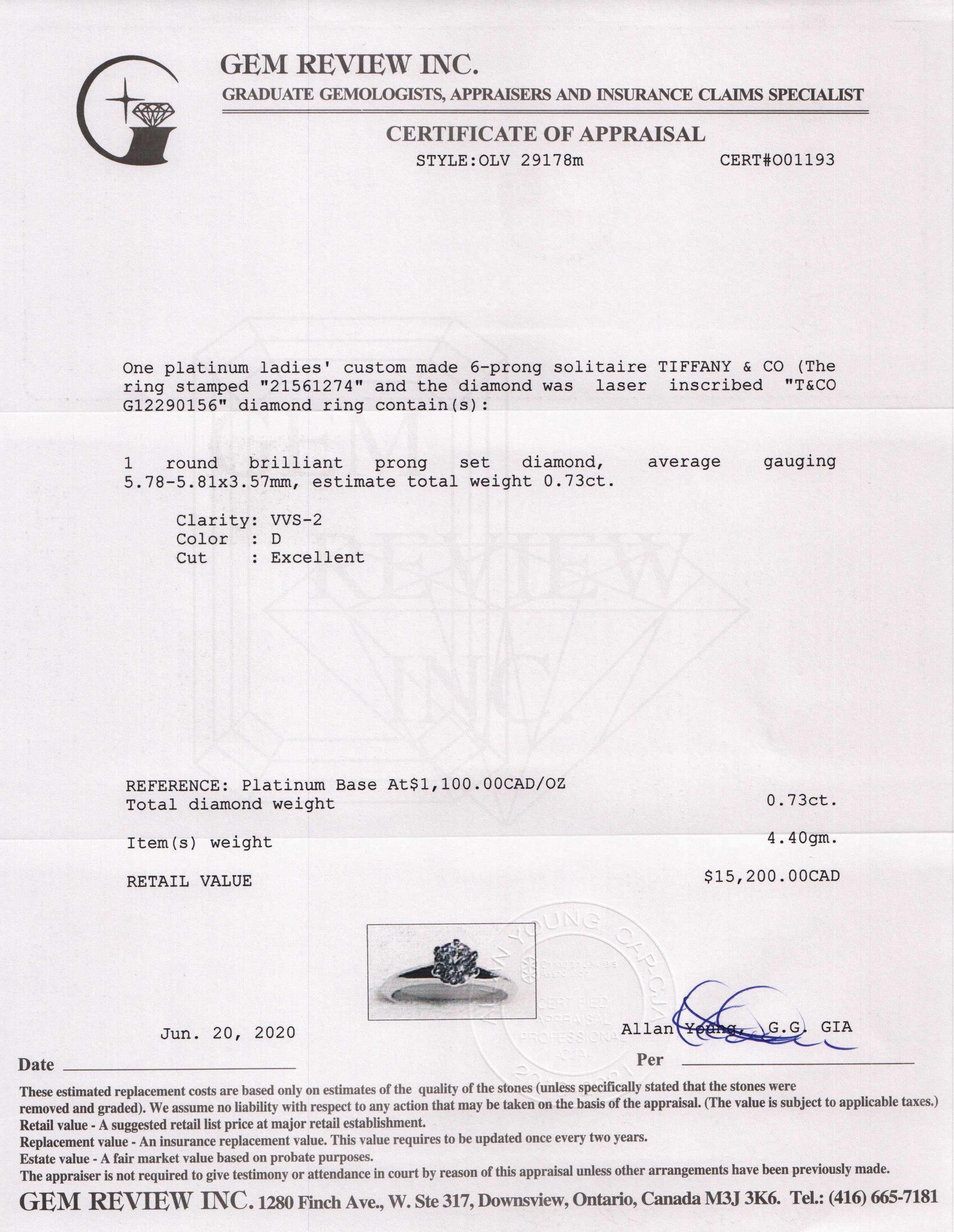 Tiffany & Co. Solitaire 0.73 ct. Round Diamond Engagement Ring