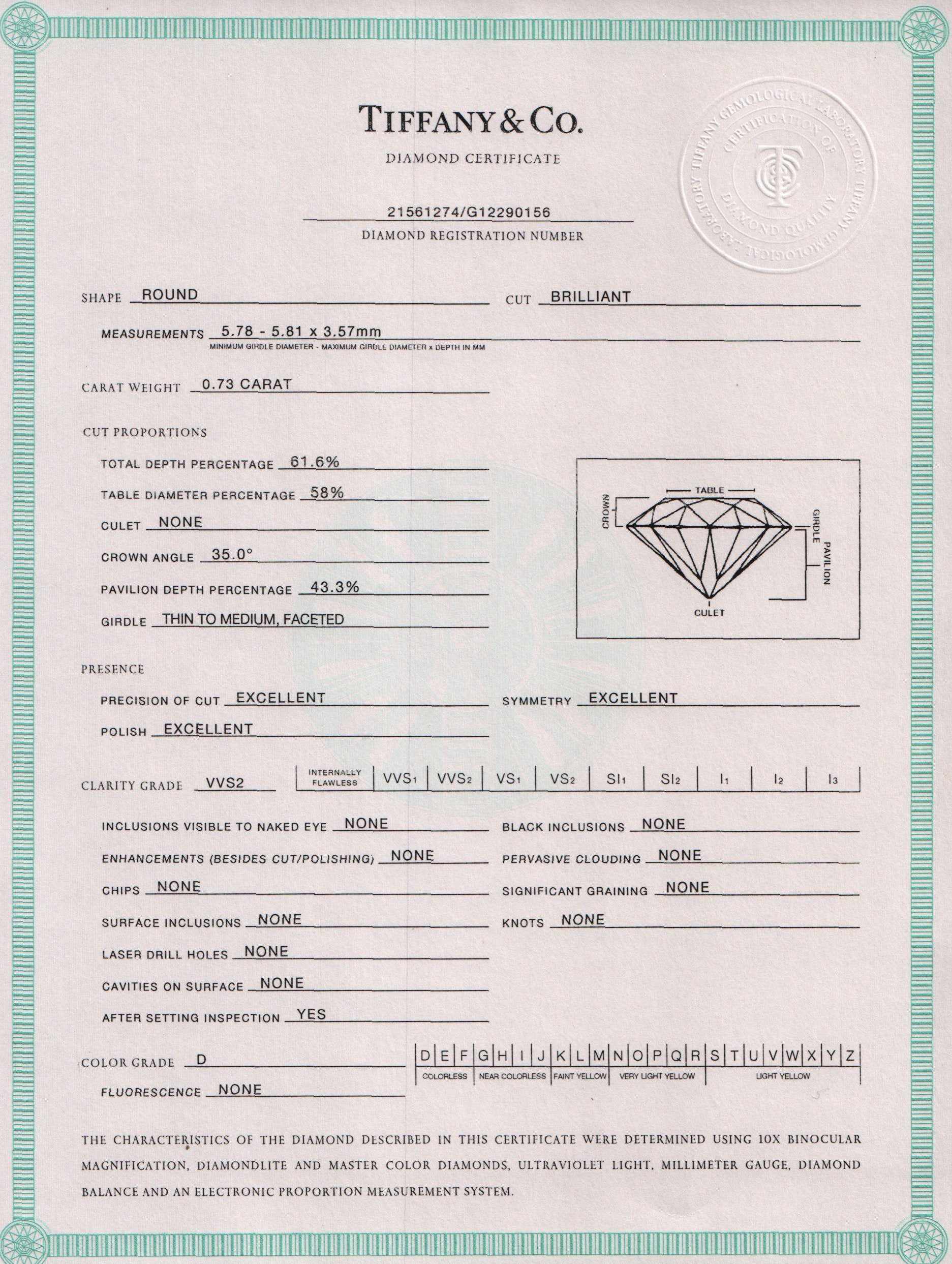 Tiffany & Co. Solitaire 0.73 ct. Round Diamond Engagement Ring