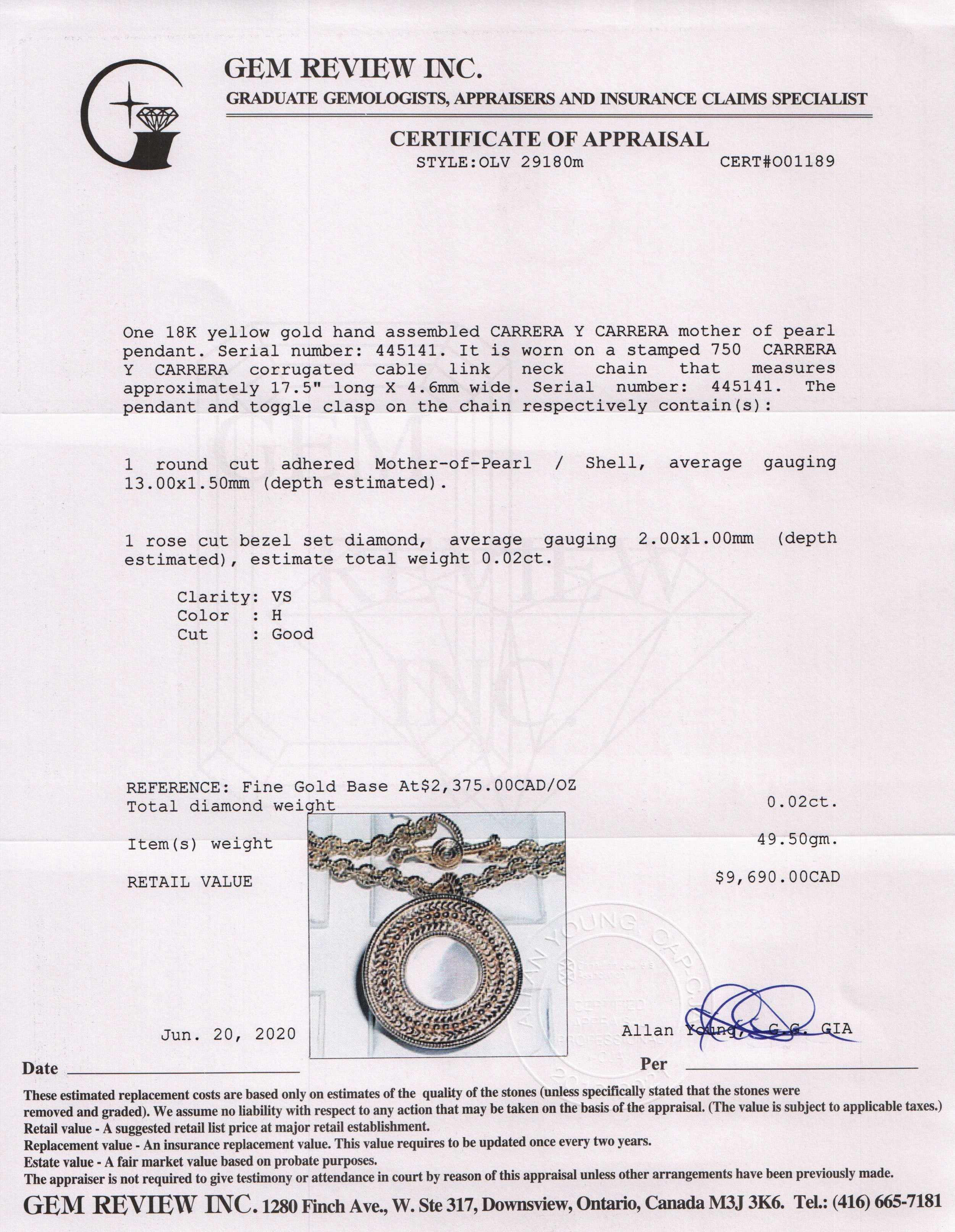 Carrera y Carrera 18k Gold Ruedo Pendant Necklace with Mother of Pearl