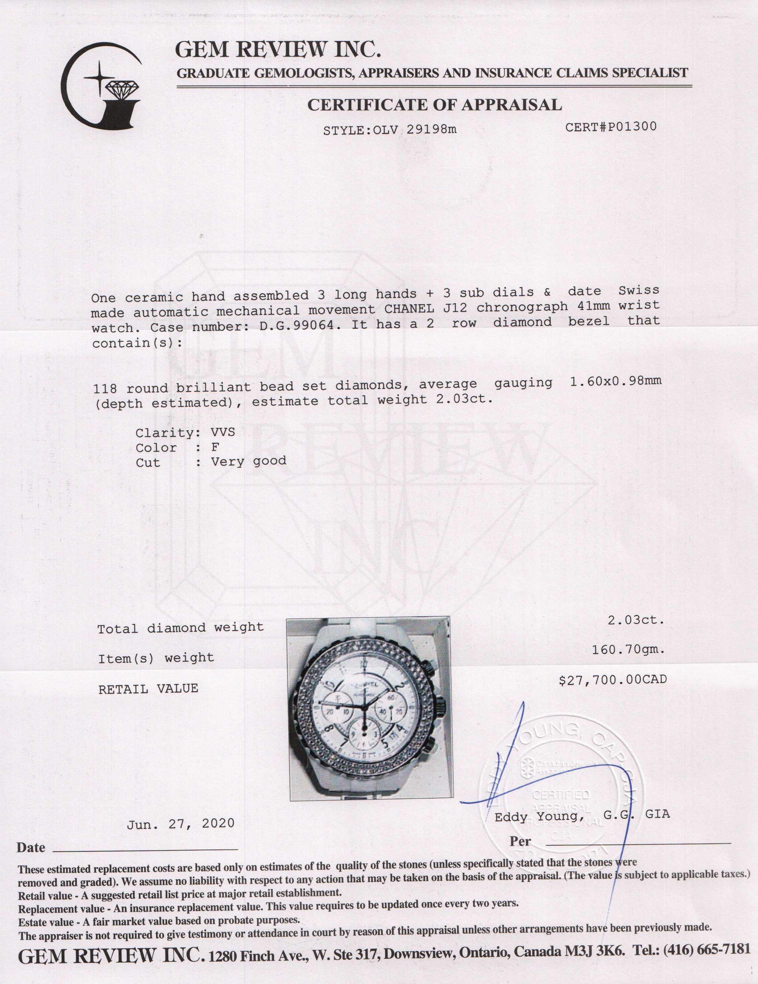 Chanel White Ceramic J12 Watch with Diamond Bezel w/ Box