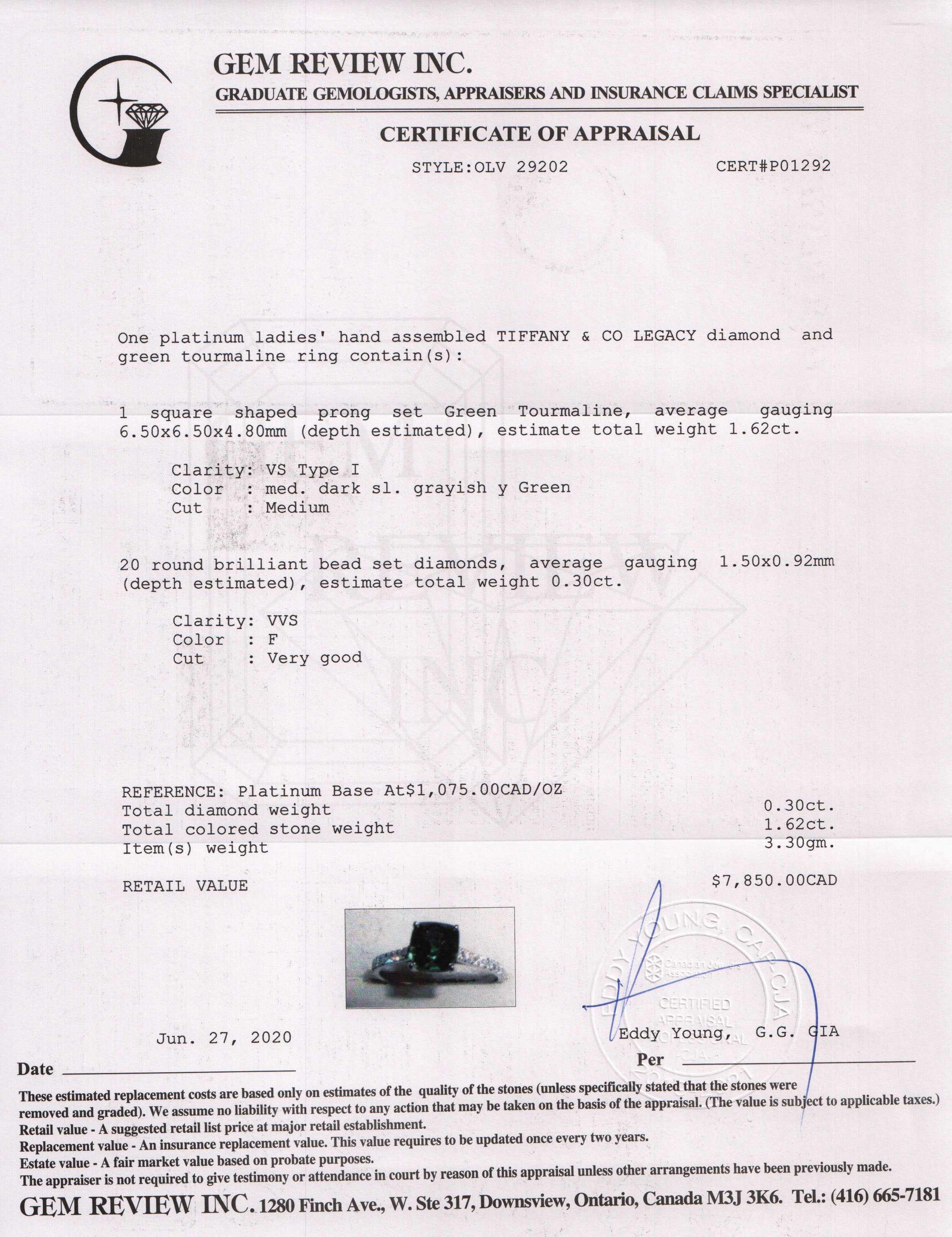 Tiffany & Co. Platinum Green Tourmaline Legacy Ring