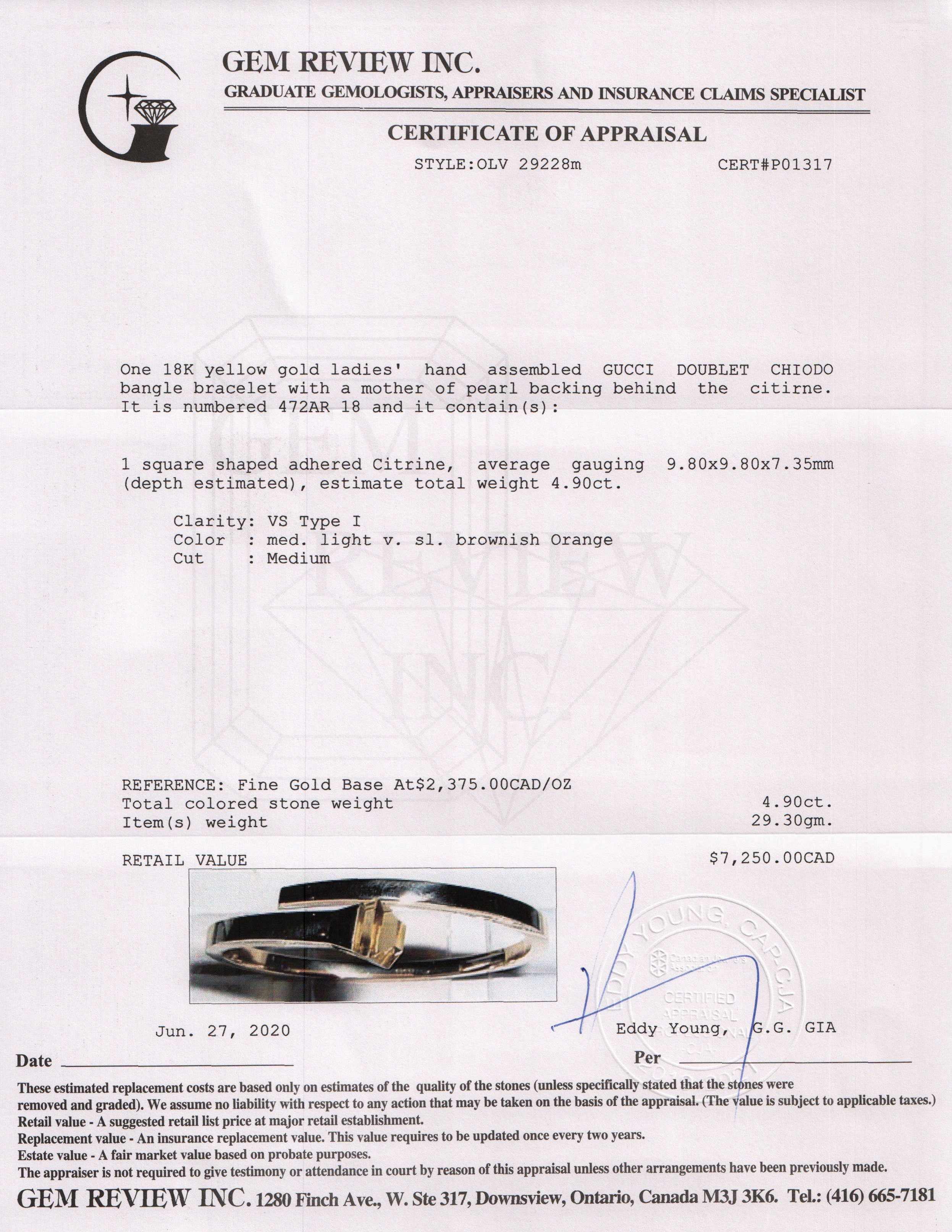 Gucci 18k Gold Citrine & Mother of Pearl Doublet Chiodo Bracelet