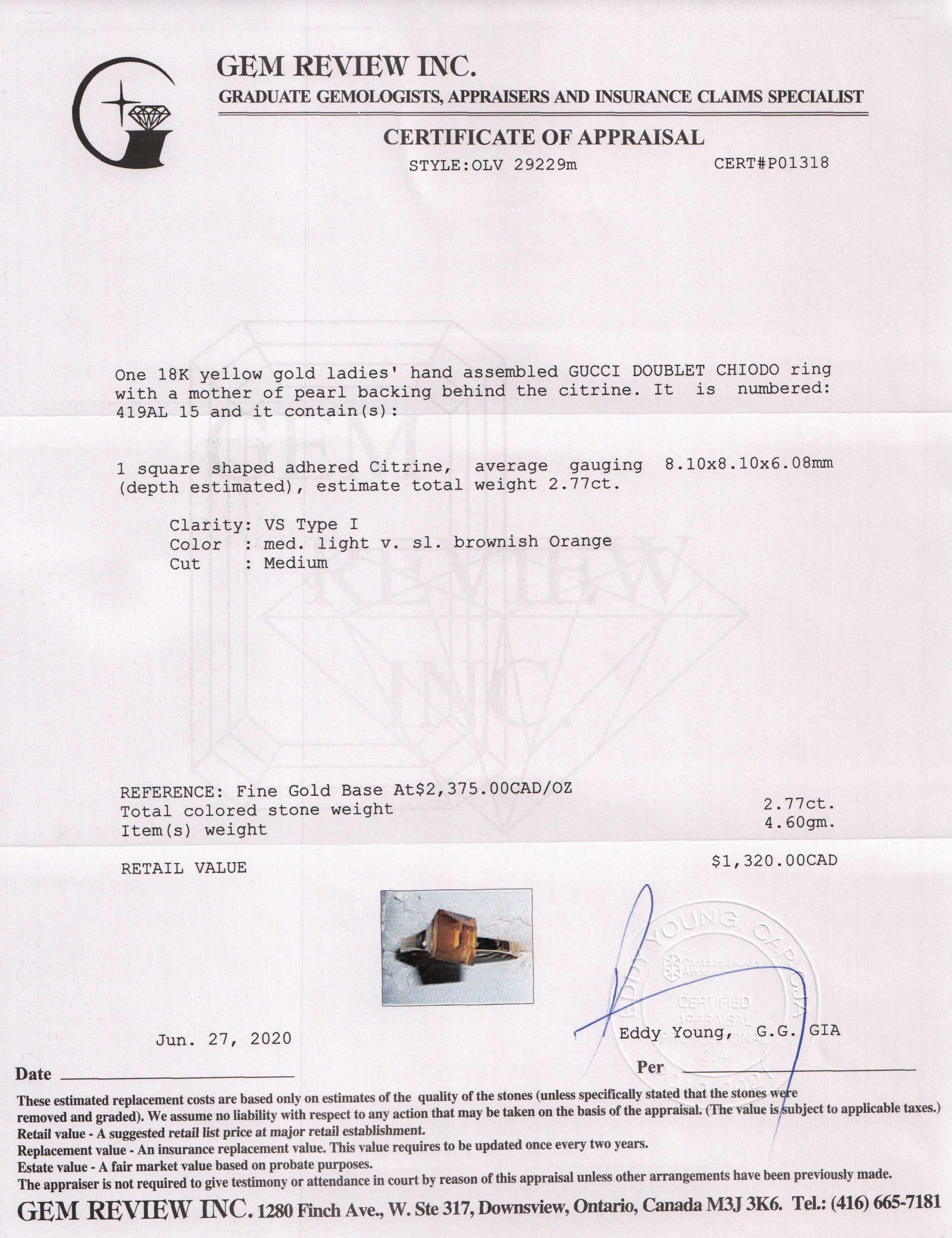 Gucci 18k Gold Citrine & Mother of Pearl Doublet Chiodo Cocktail Ring