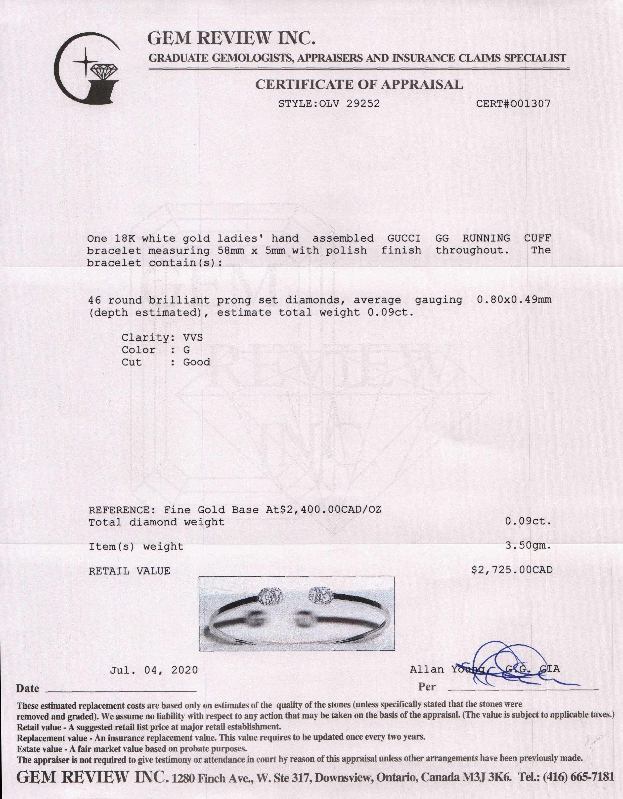 Gucci 18k White Gold GG Running Diamond Cuff Bracelet