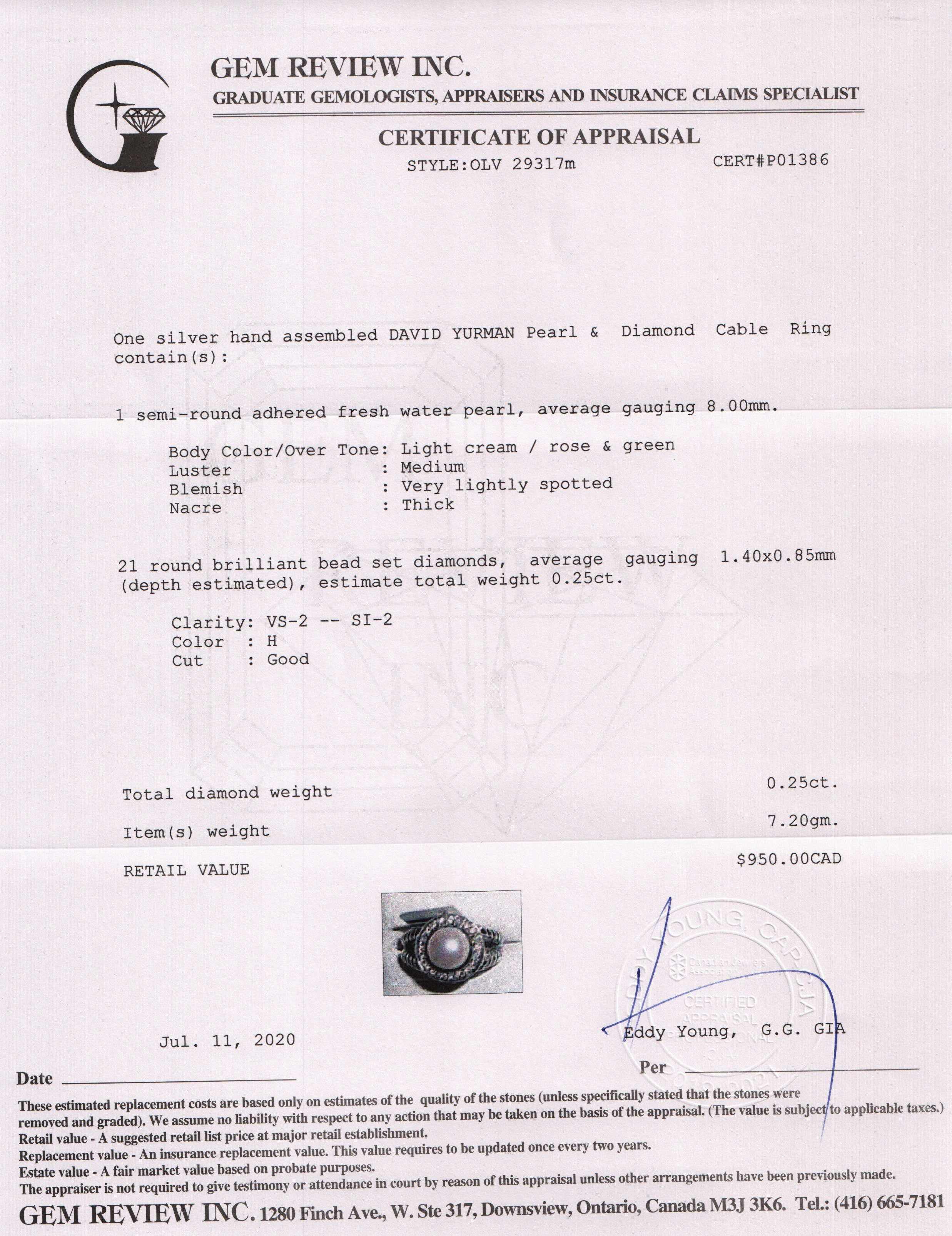 David Yurman Pearl Ring with Diamonds