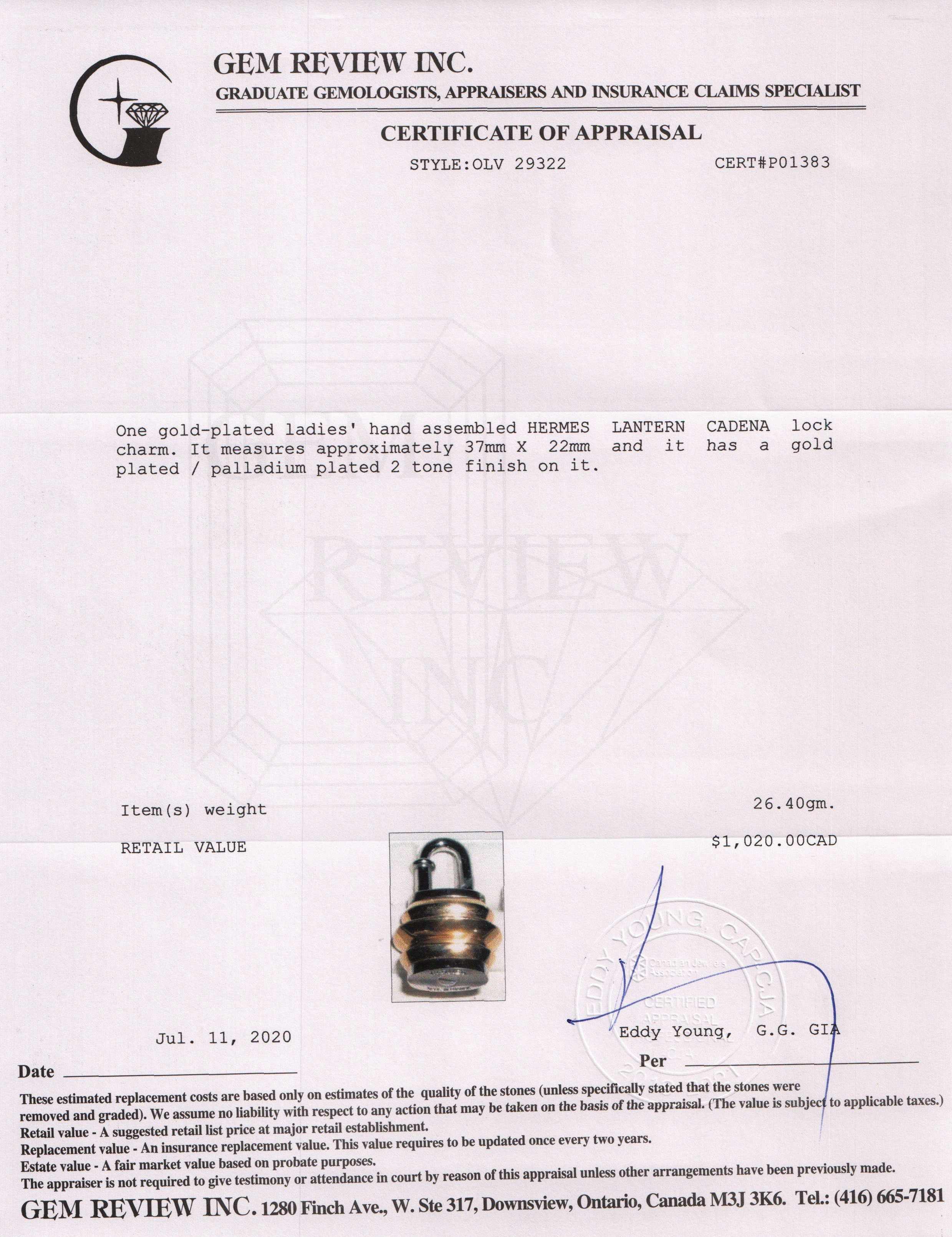 Hermes Two-Tone Lantern Cadena Lock Charm w/ Box