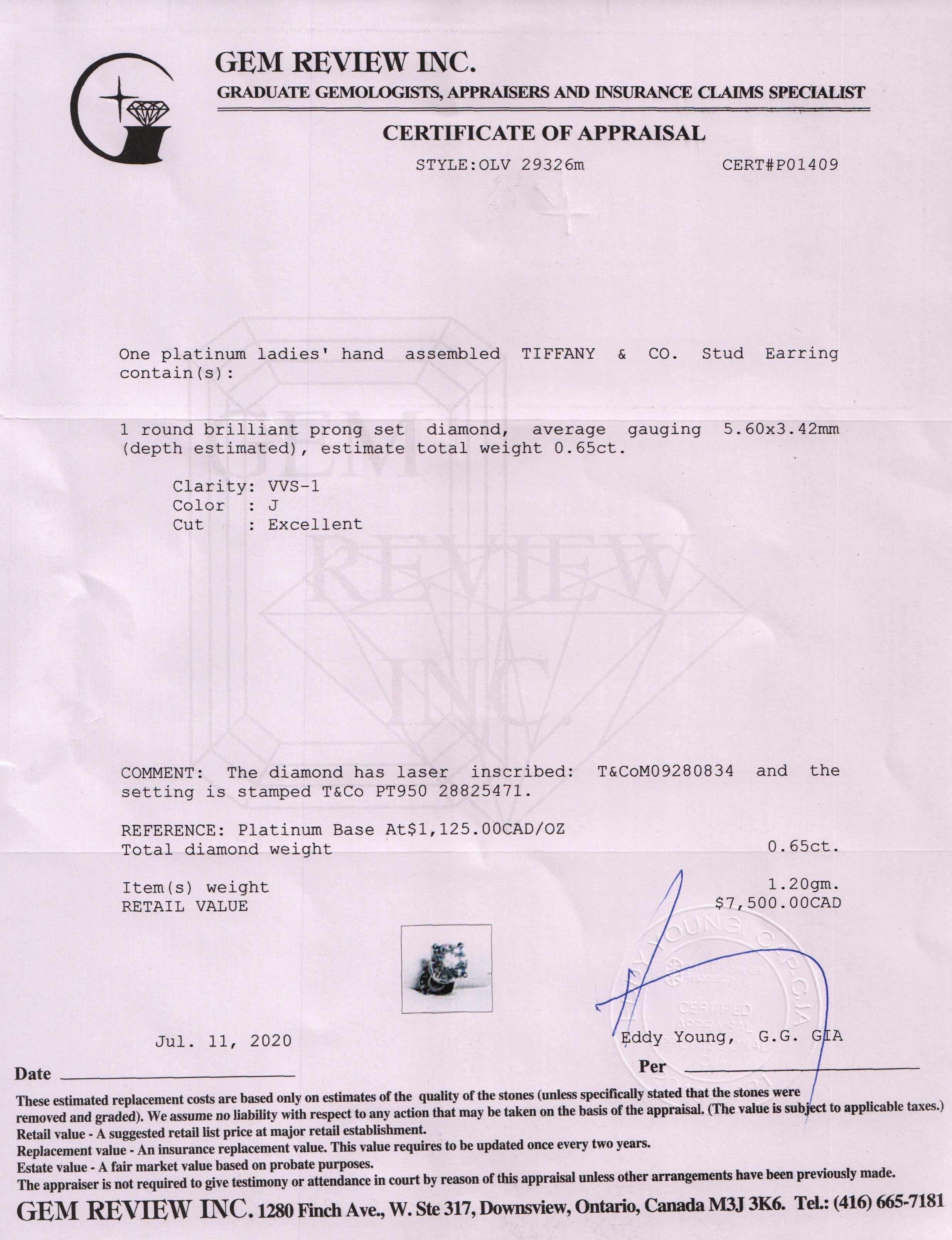 Tiffany & Co. Platinum Single Diamond Stud Earring