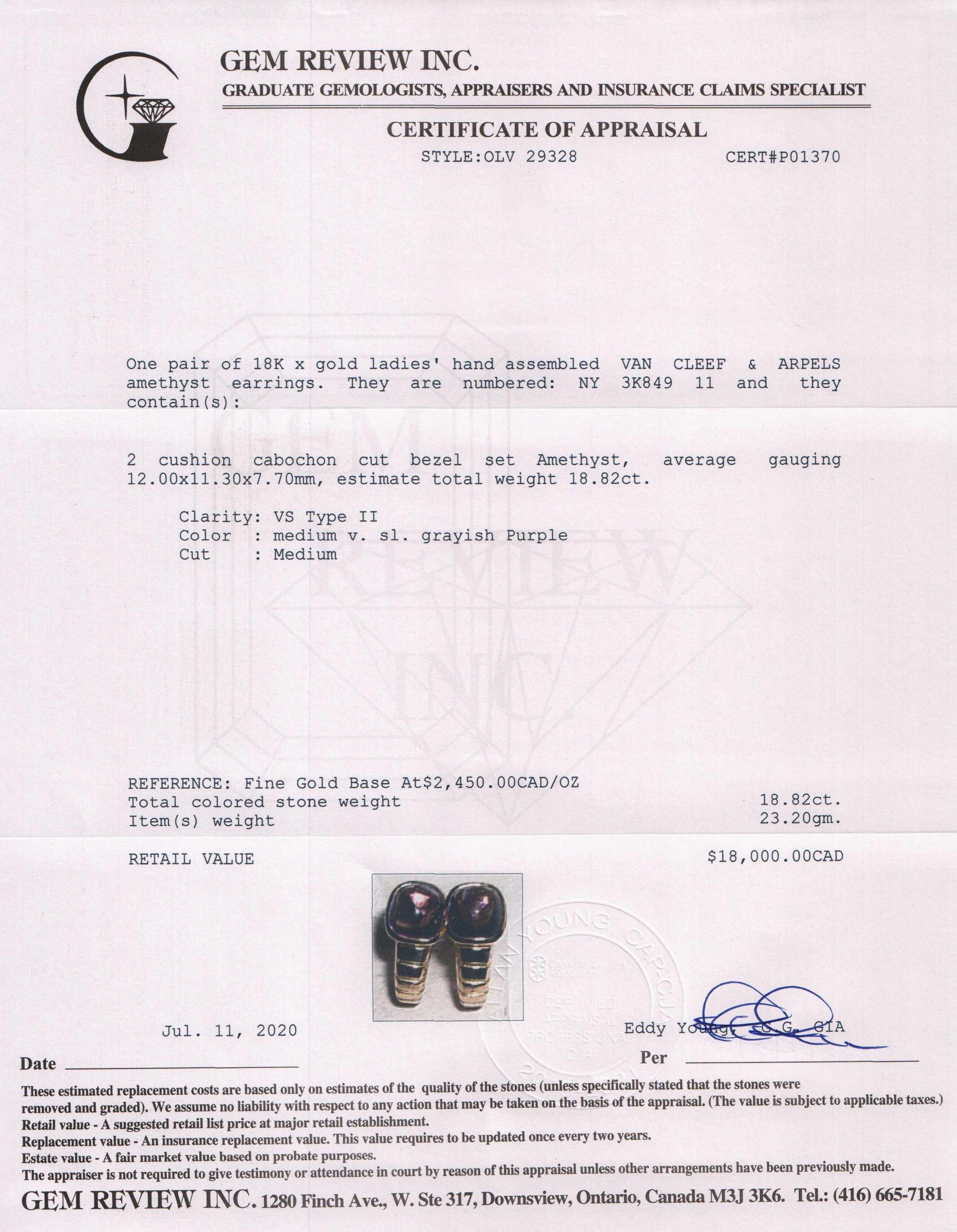 Van Cleef & Arpels Vintage 18k Gold Cabochon Amethyst Earrings