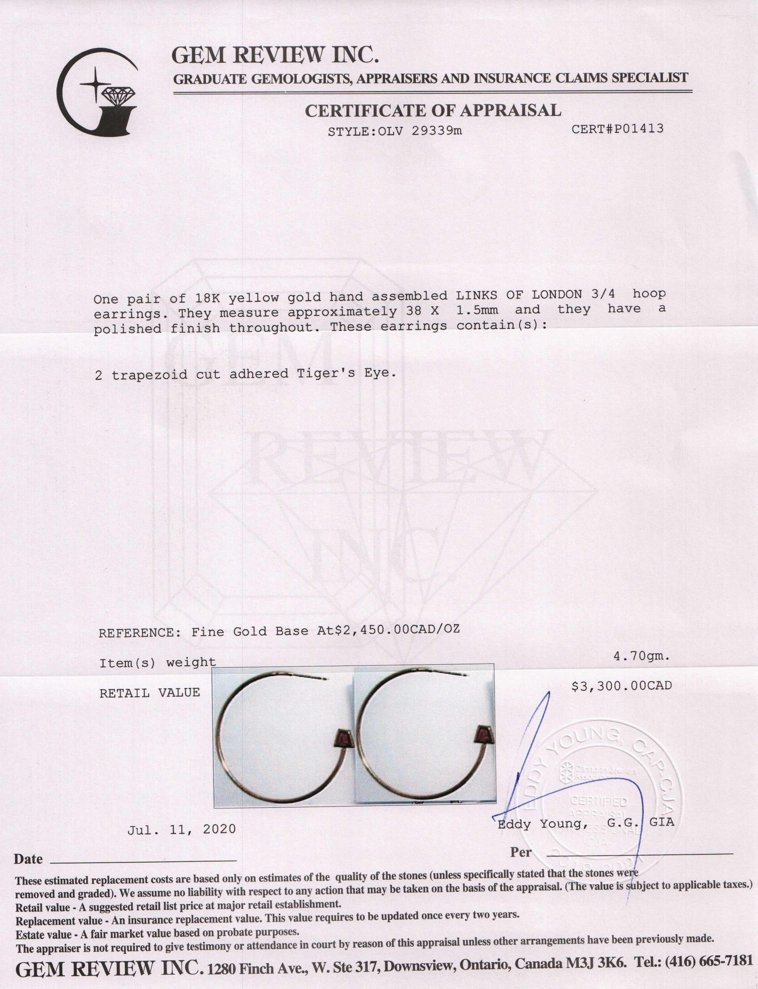 Links of London 18K Gold Tiger’s Eye Hoop Earrings