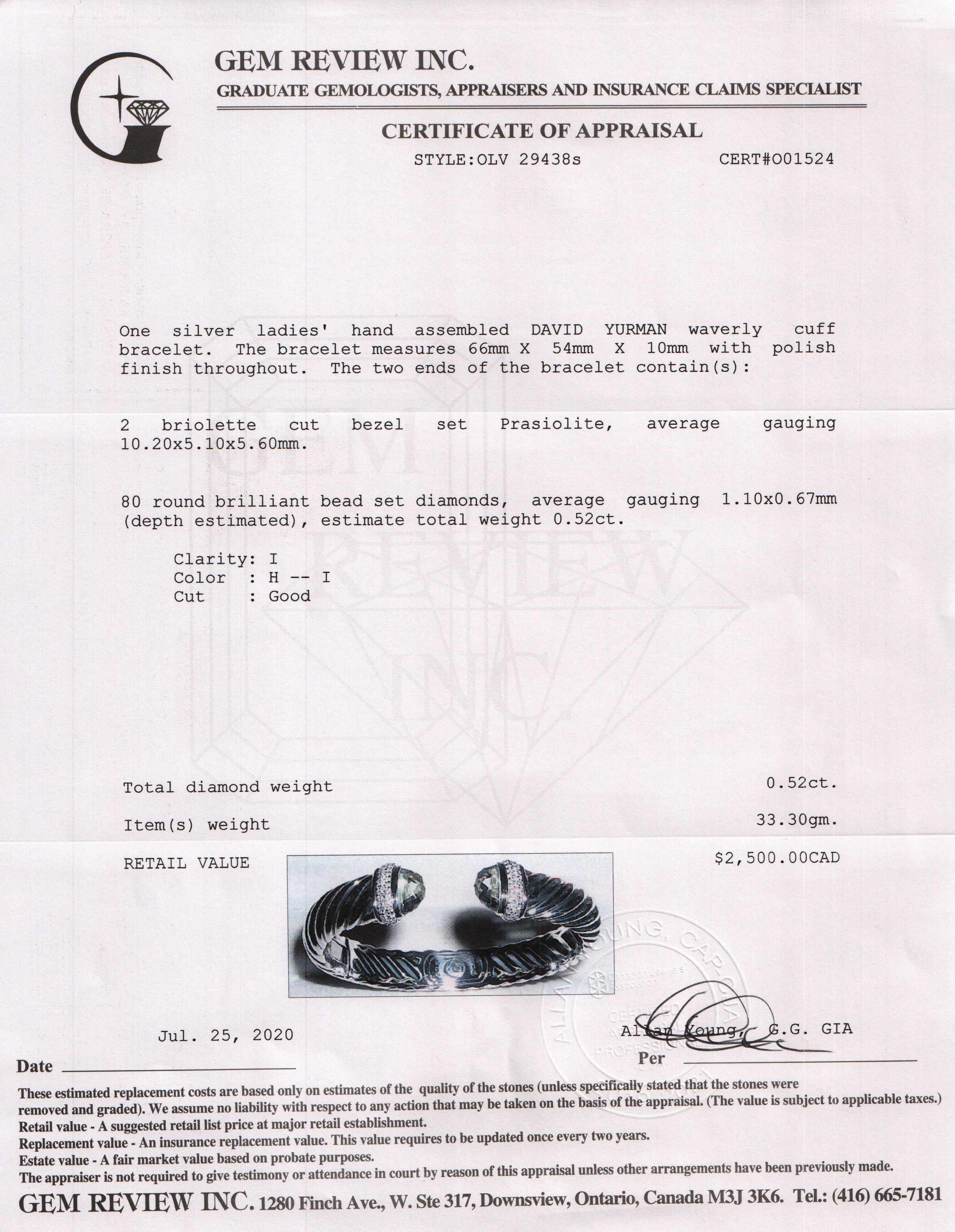 David Yurman Prasiolite & Diamond Waverly Cable Bracelet