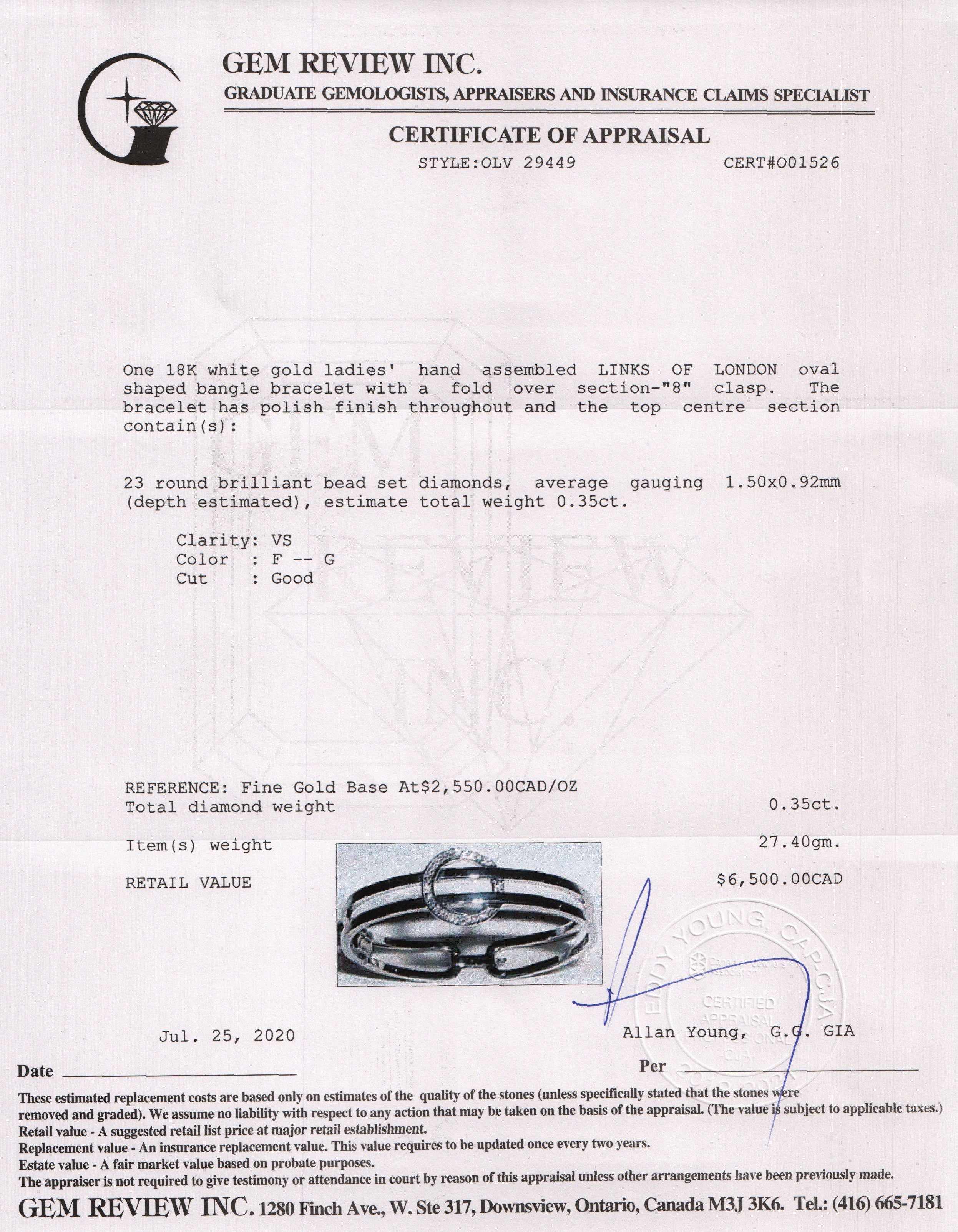 Links of London 18k White Gold Bangle Bracelet with Diamonds