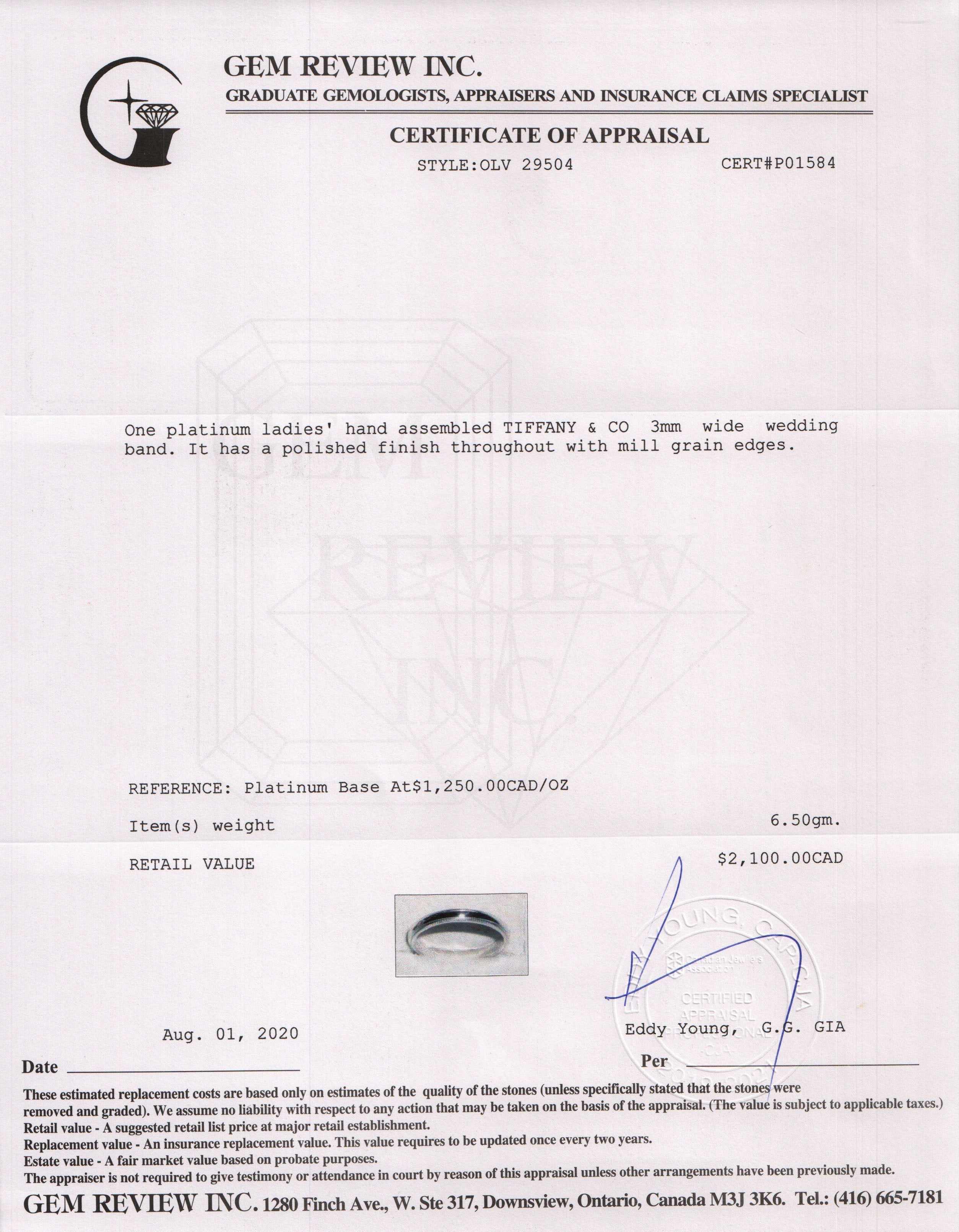 Tiffany & Co. Platinum Classic Milgrain Wedding Band Ring