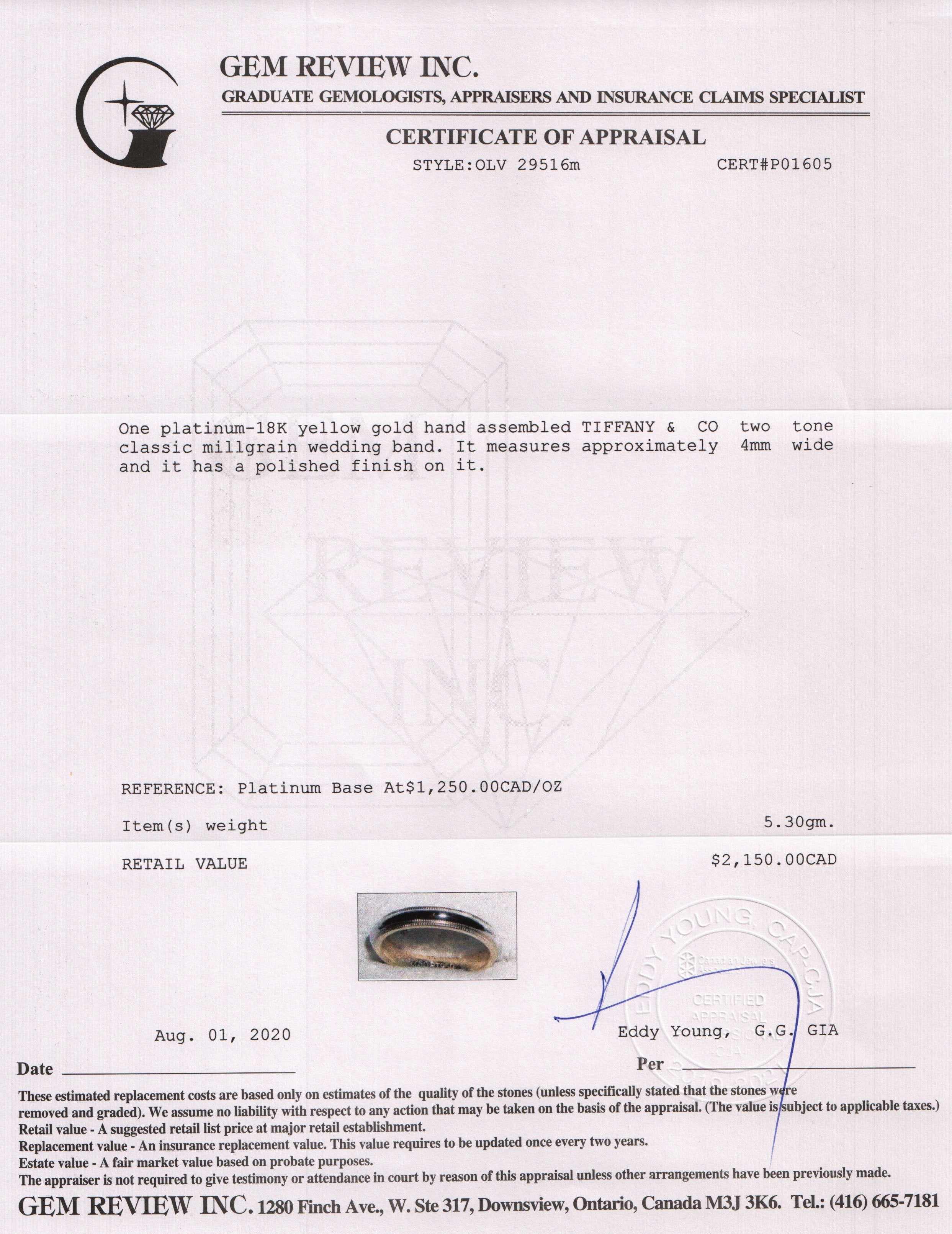 Tiffany & Co. Two-Tone Classic Milgrain Wedding Band Ring