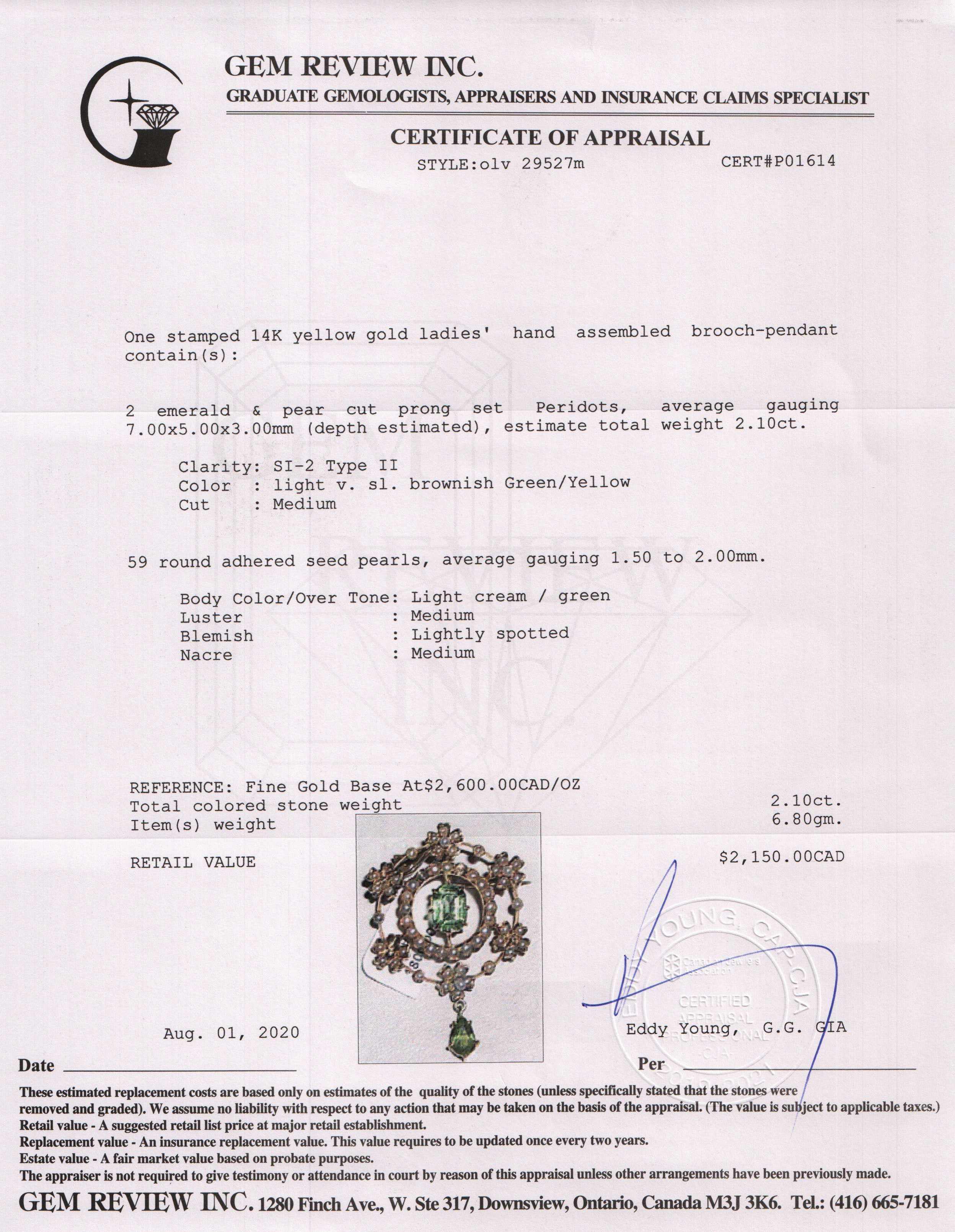 Antique Peridot & Seed Pearl Brooch/Pendant