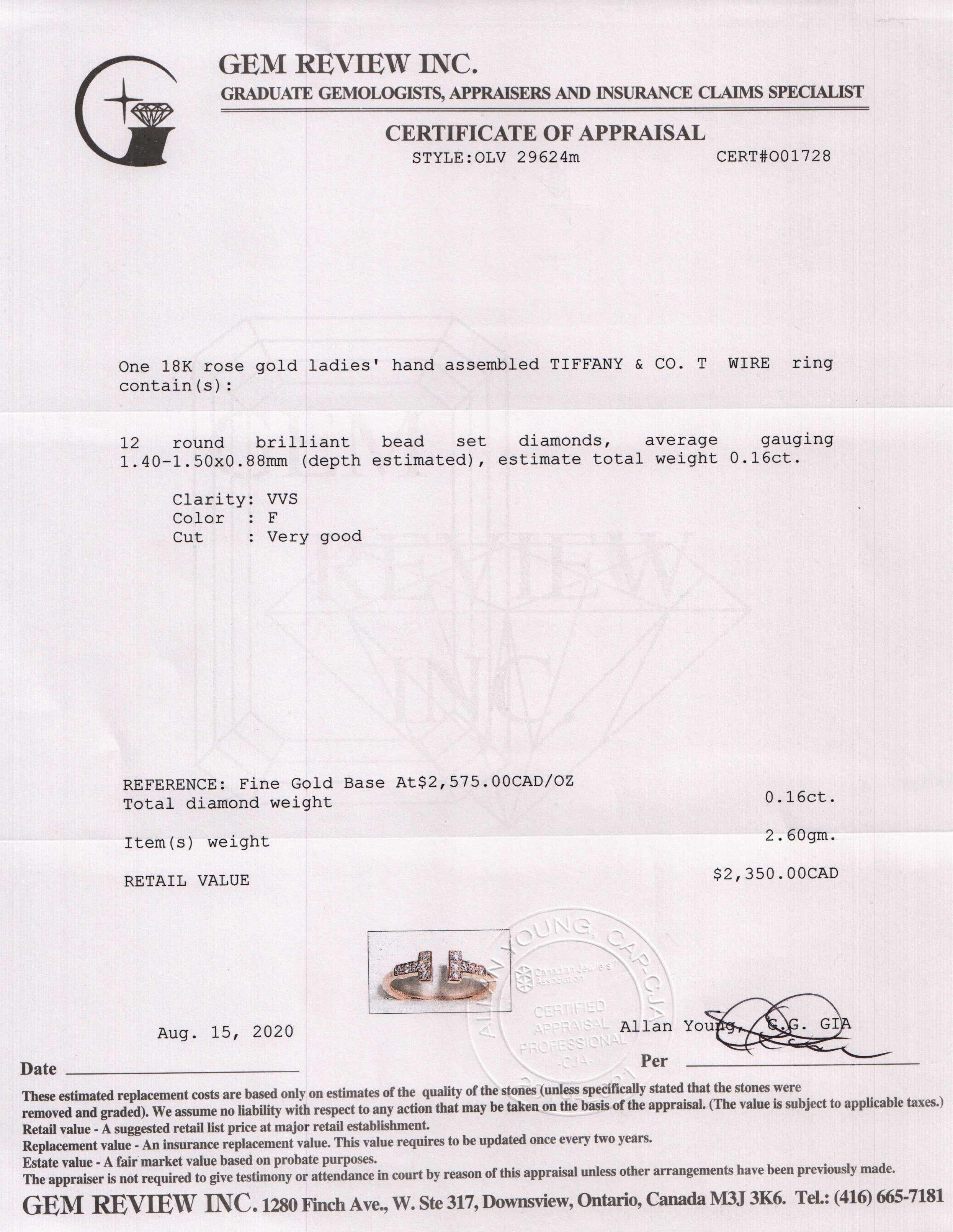 Tiffany & Co. 18k Rose Gold T Wire Ring with Diamonds