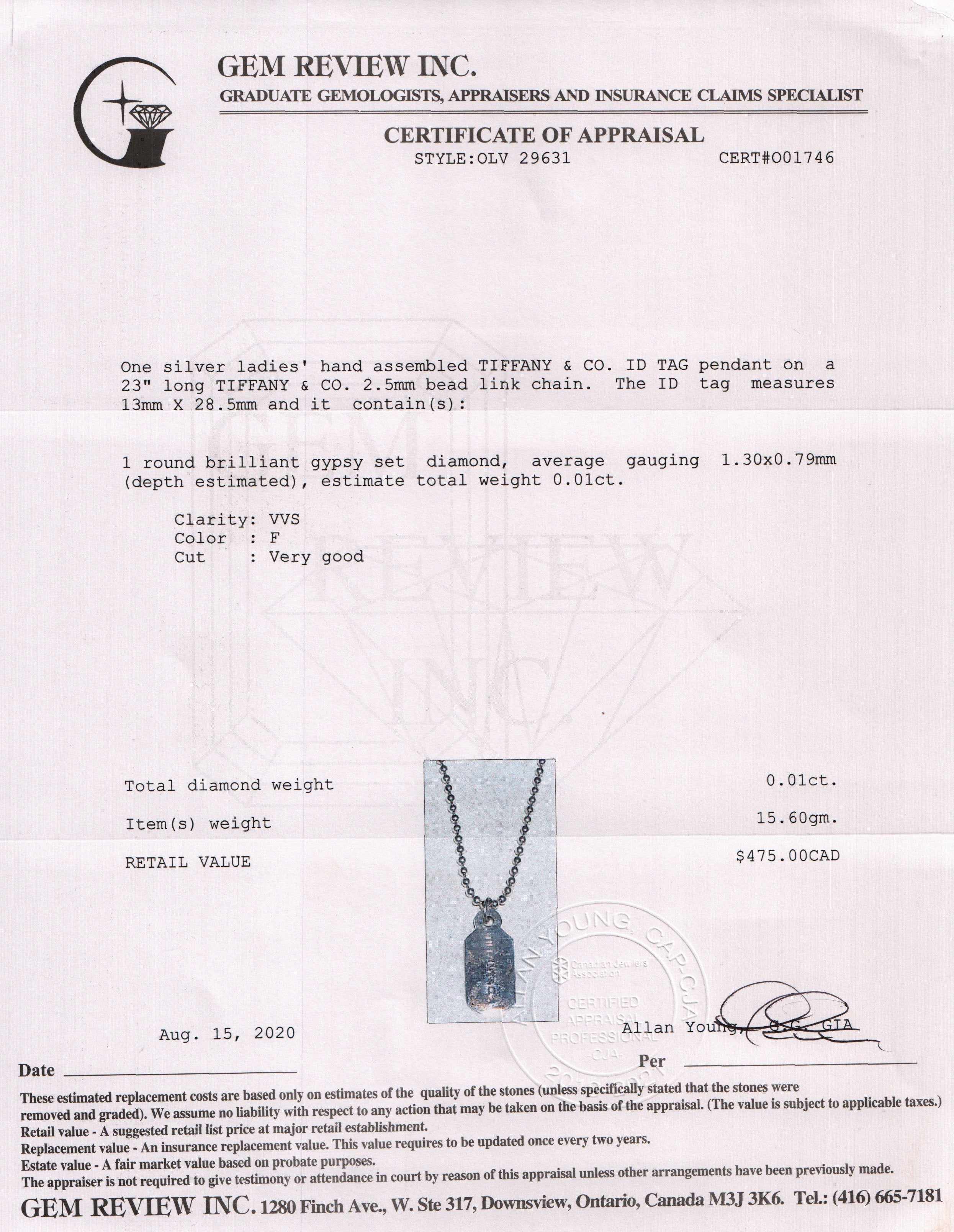Tiffany & Co. ID Tag Pendant Necklace w/ Diamond