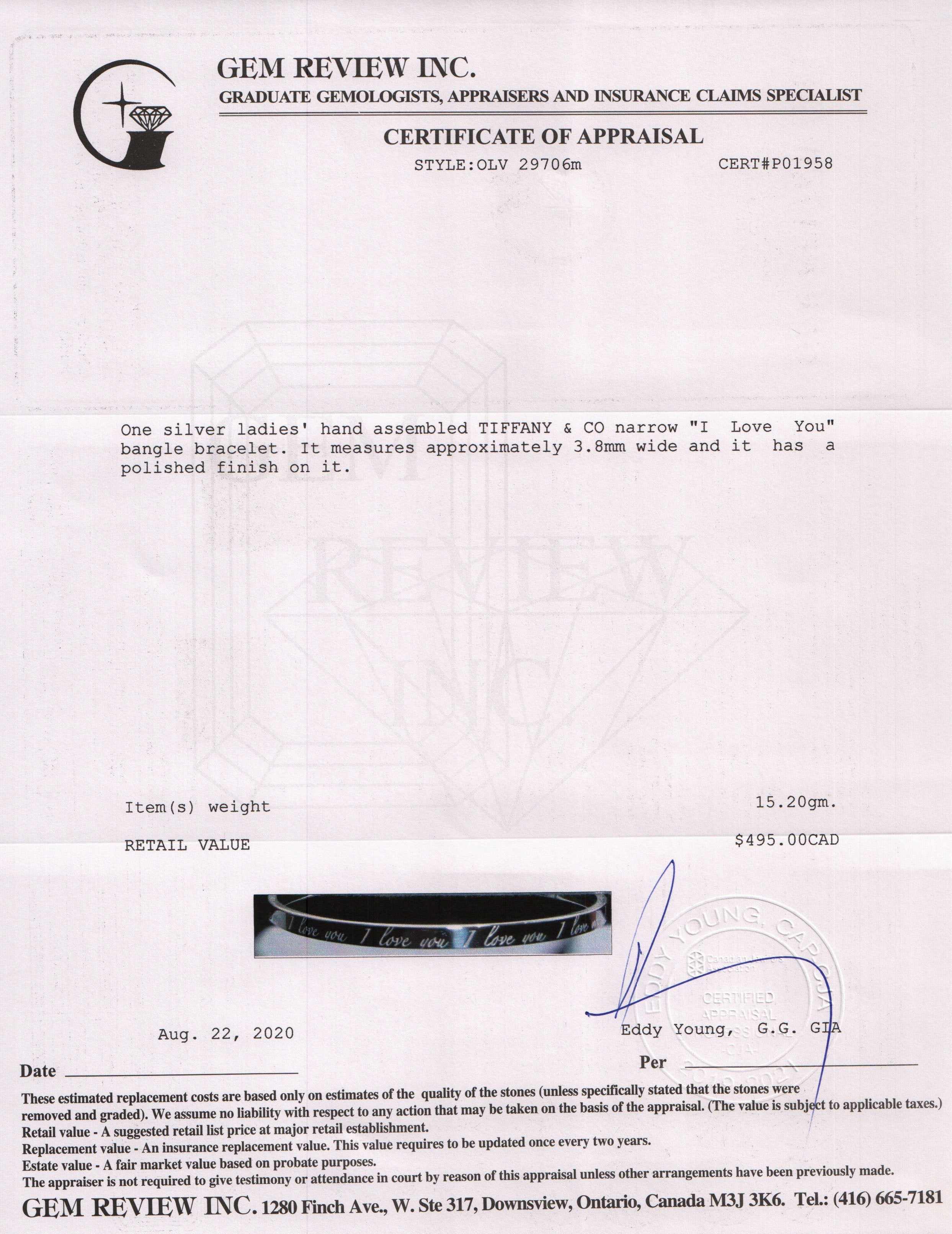 Tiffany & Co. Narrow "I Love you" Bangle Bracelet