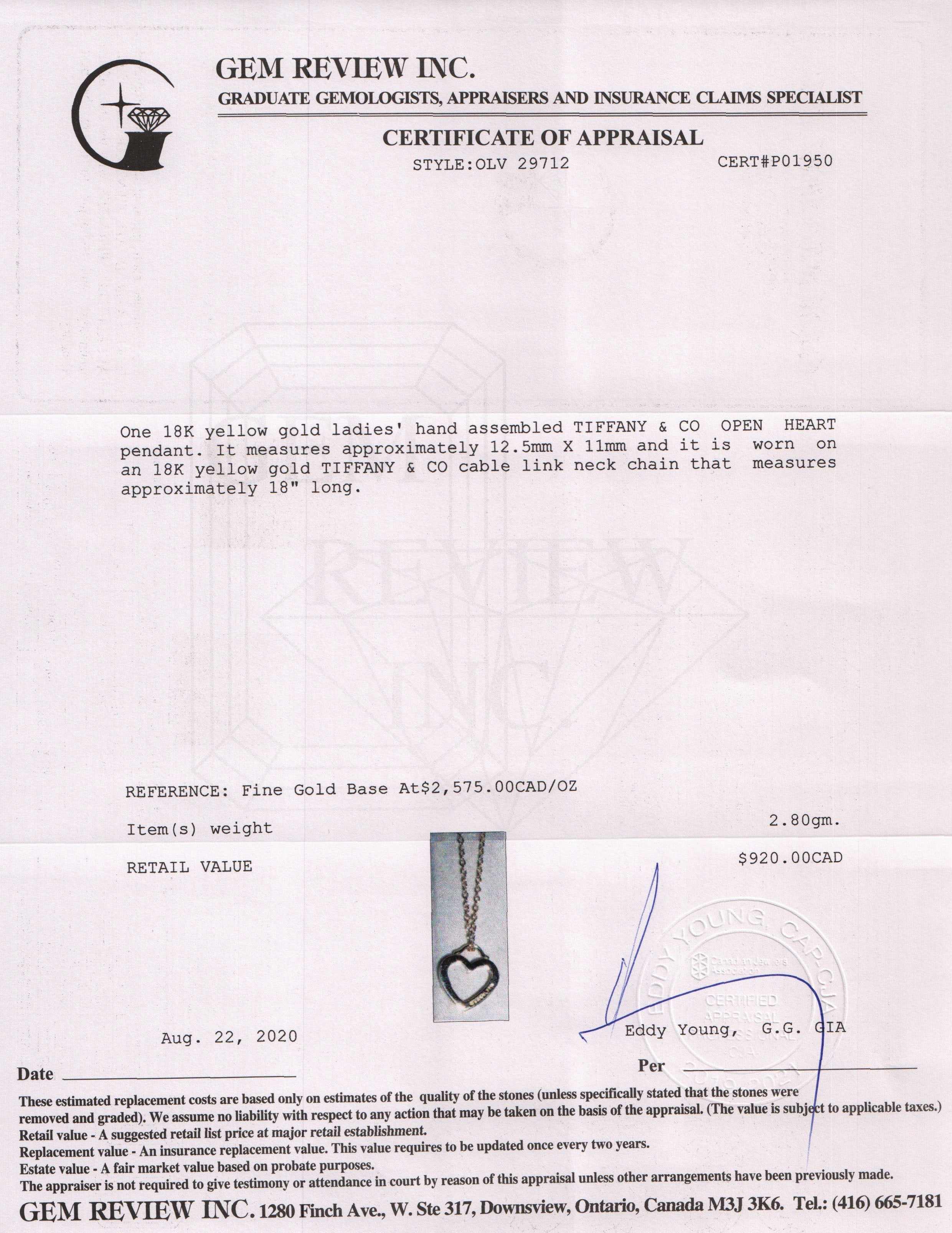 Tiffany & Co. 18k Gold Open Heart Pendant Necklace