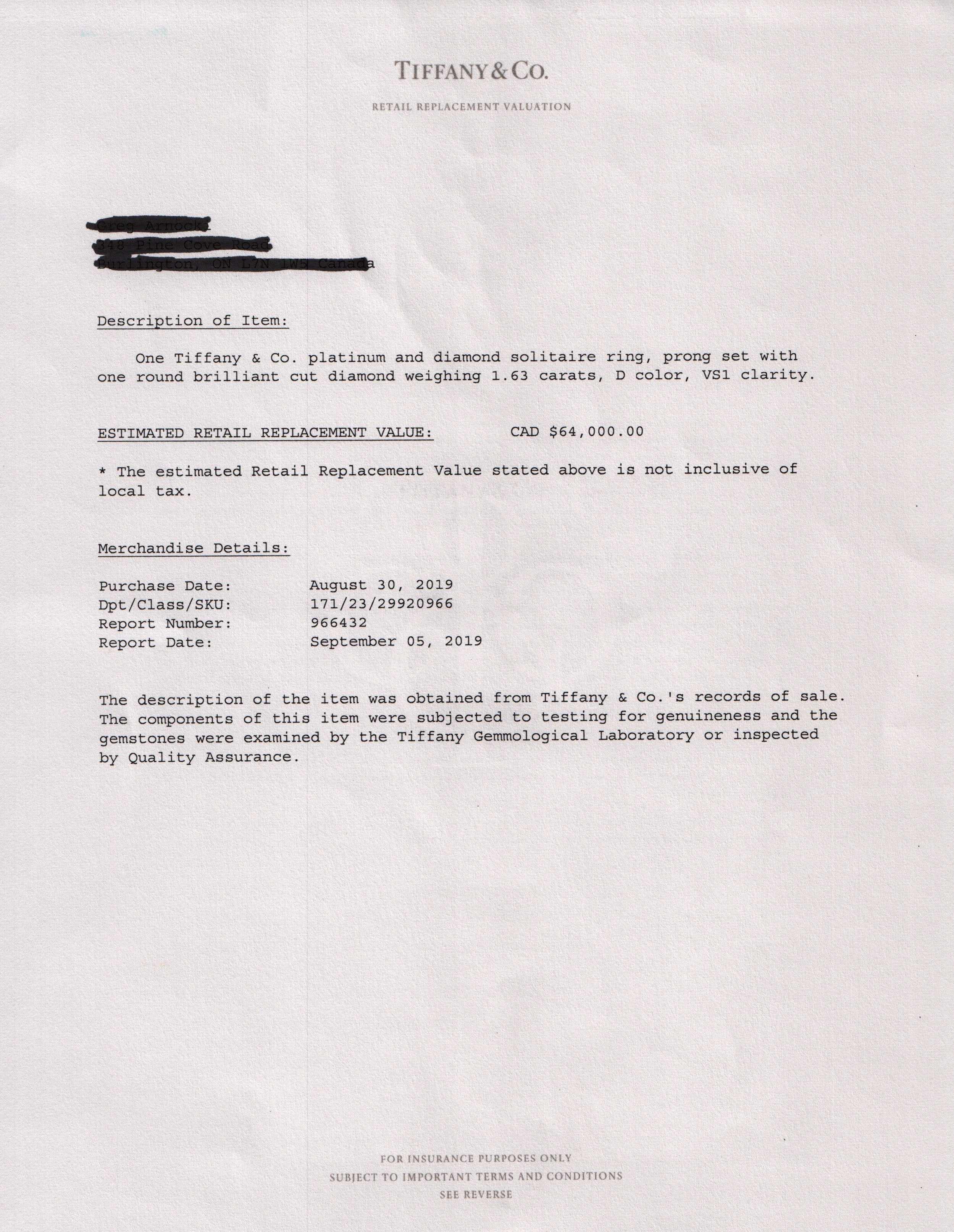 Tiffany & Co. Solitaire 1.63 ct. Round Diamond Engagement Ring