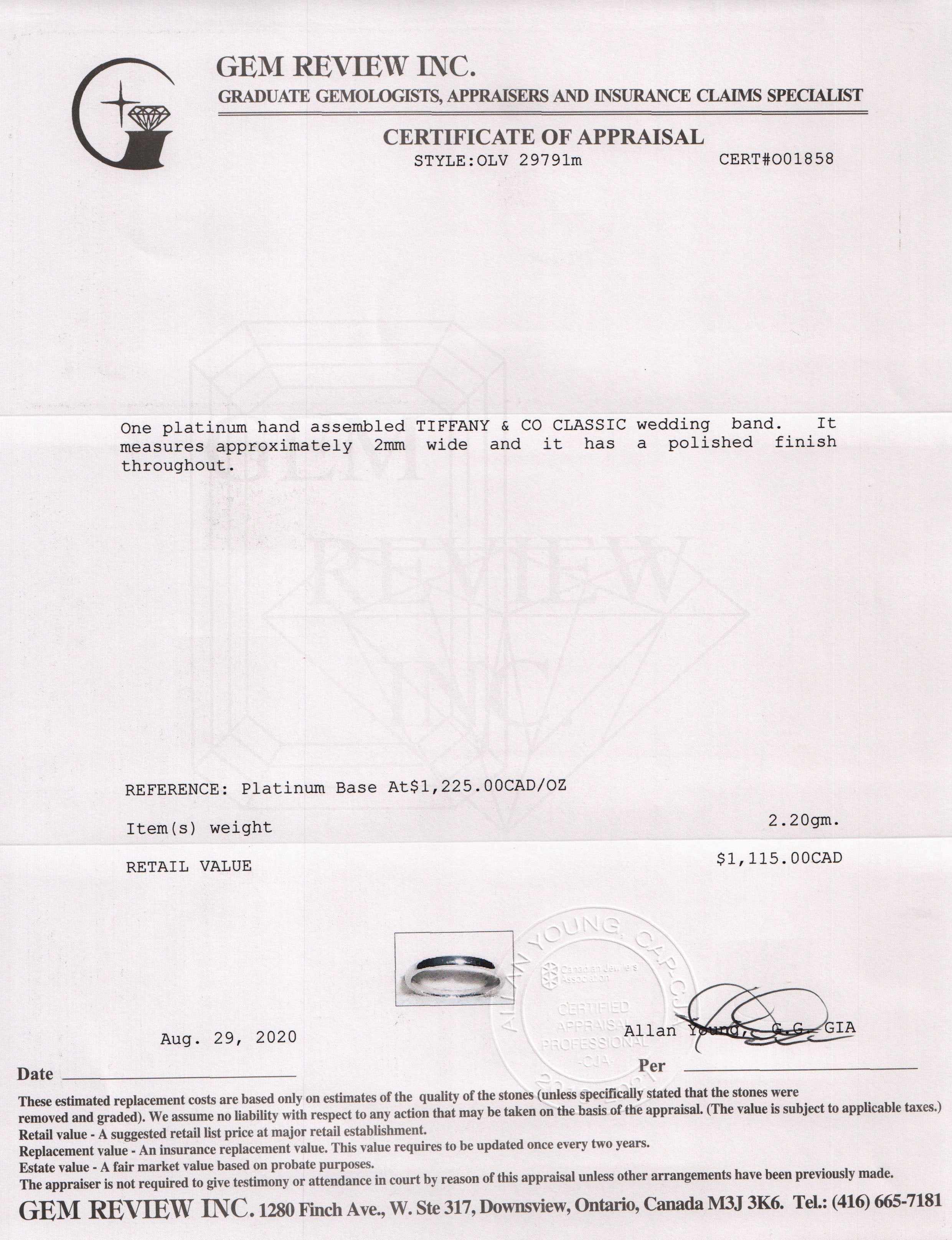 Tiffany & Co. Platinum Classic Wedding Band Ring