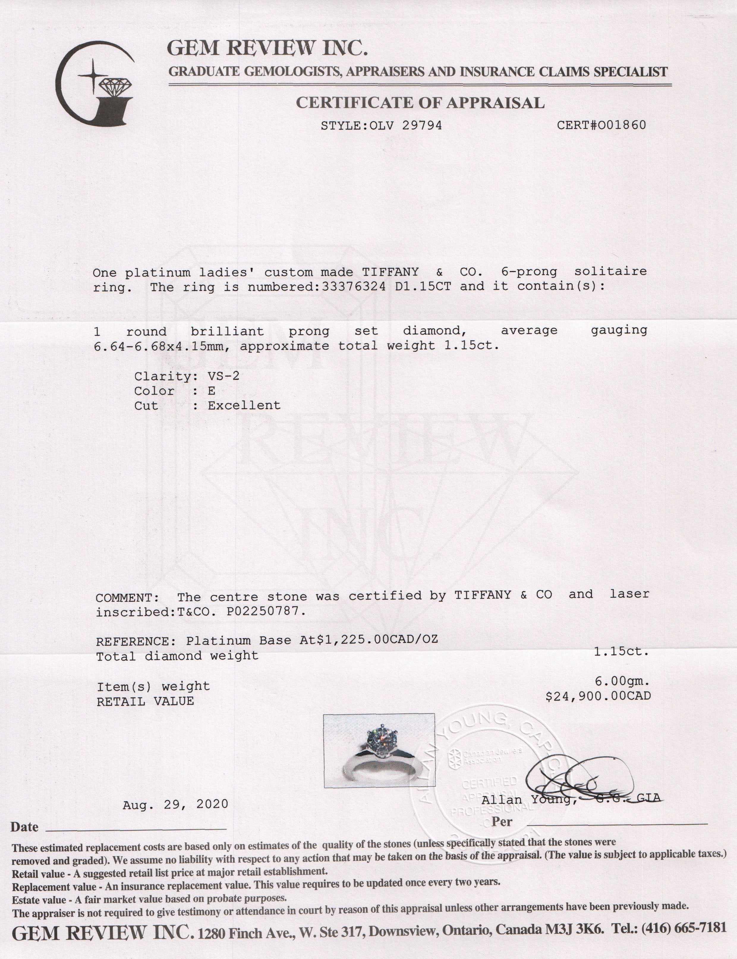 Tiffany & Co. Solitaire 1.15 ct. Round Diamond Engagement Ring