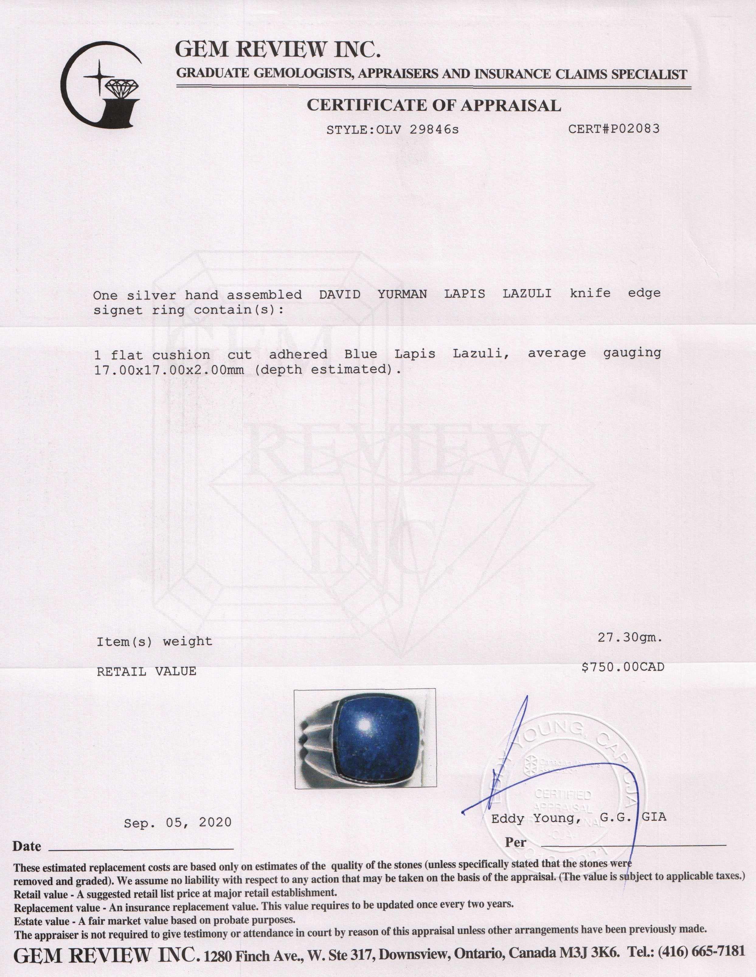 David Yurman Lapis Lazuli Knife Edge Signet Ring