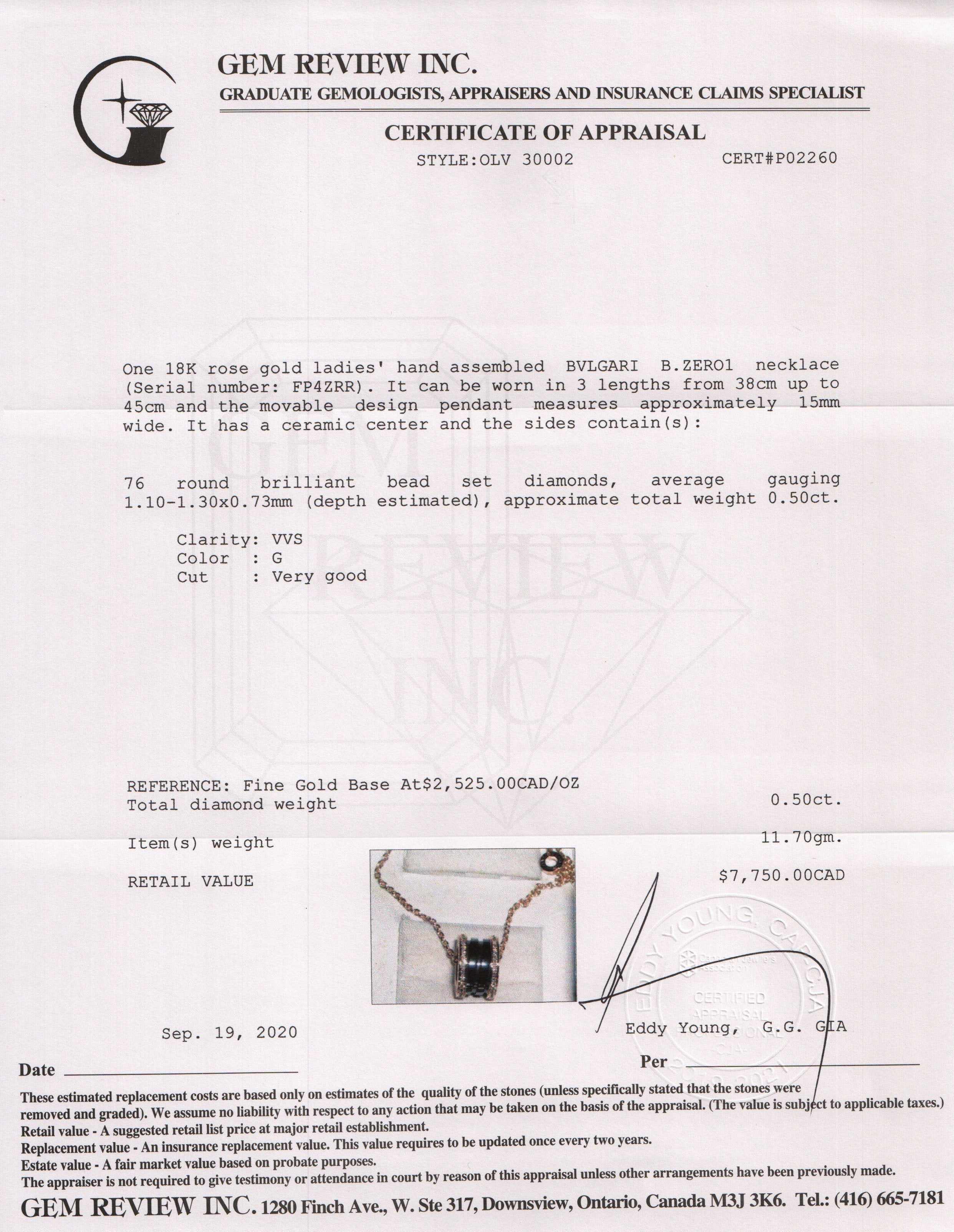 BVLGARI 18k Rose Gold B.Zero1 Pendant Necklace with Diamonds and Black Ceramic