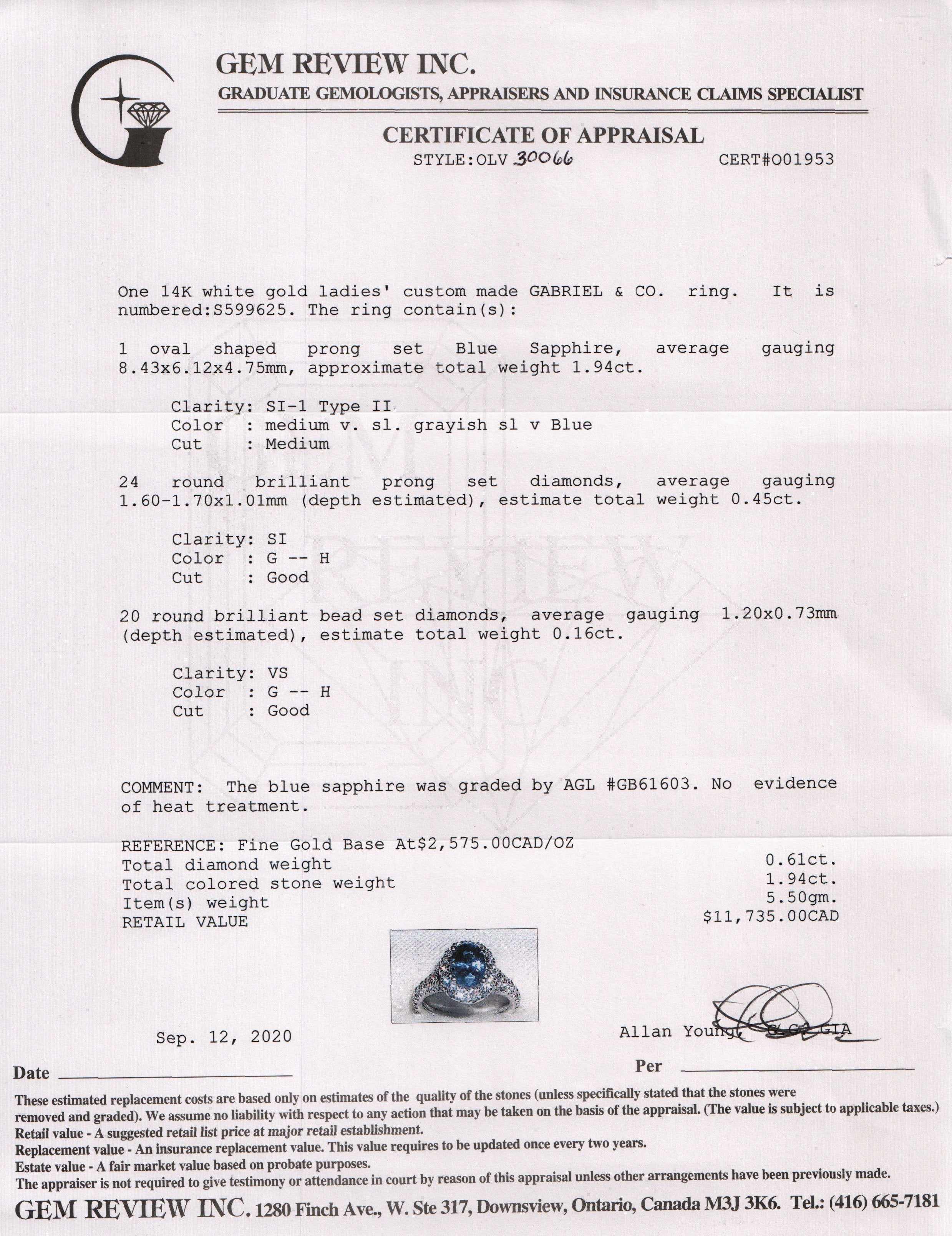 Gabriel & Co. Blue Sapphire and Diamond Ring