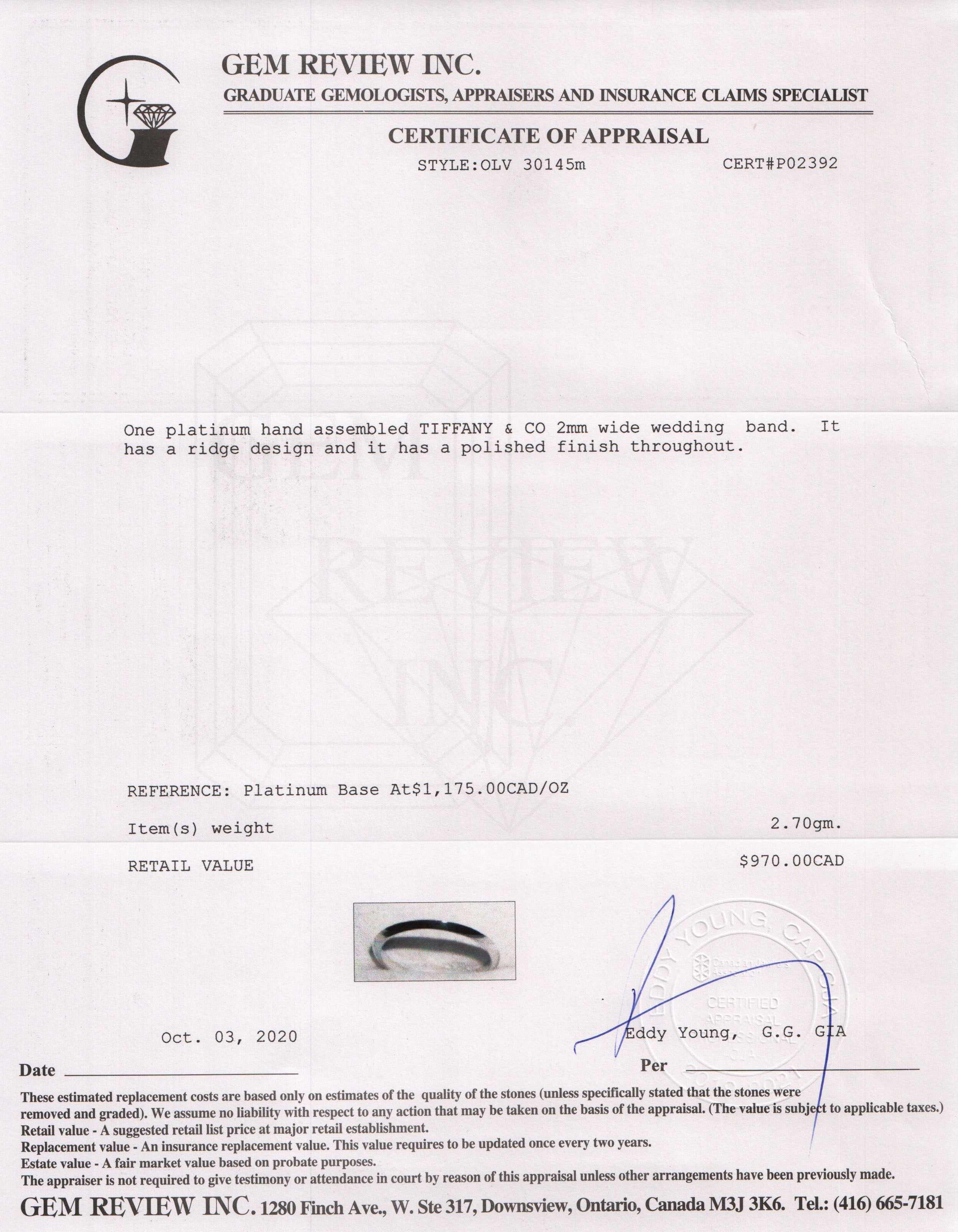 Tiffany & Co. Platinum Wedding Band Ring