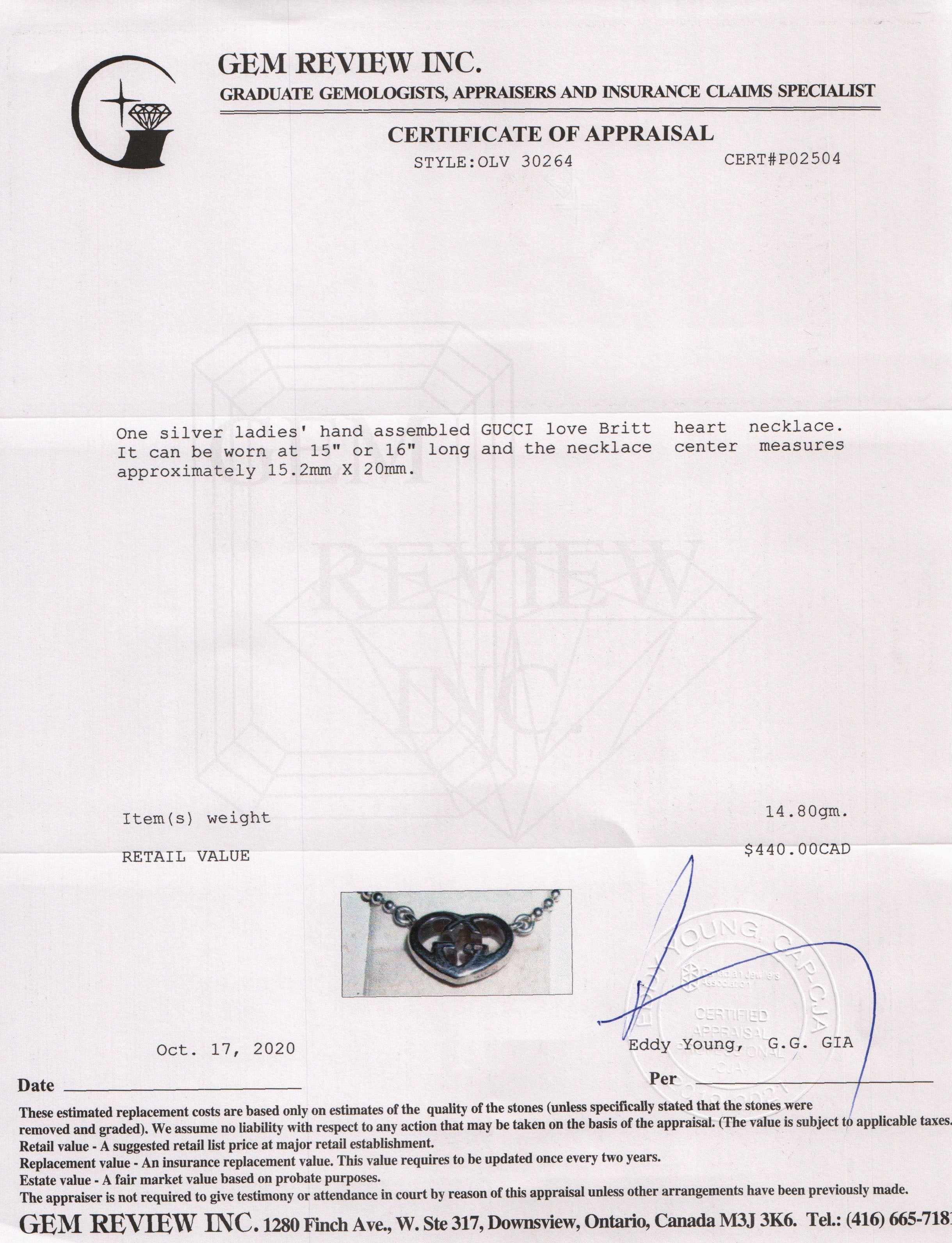 Gucci Heart Britt Heart Pendant Necklace w/ Box