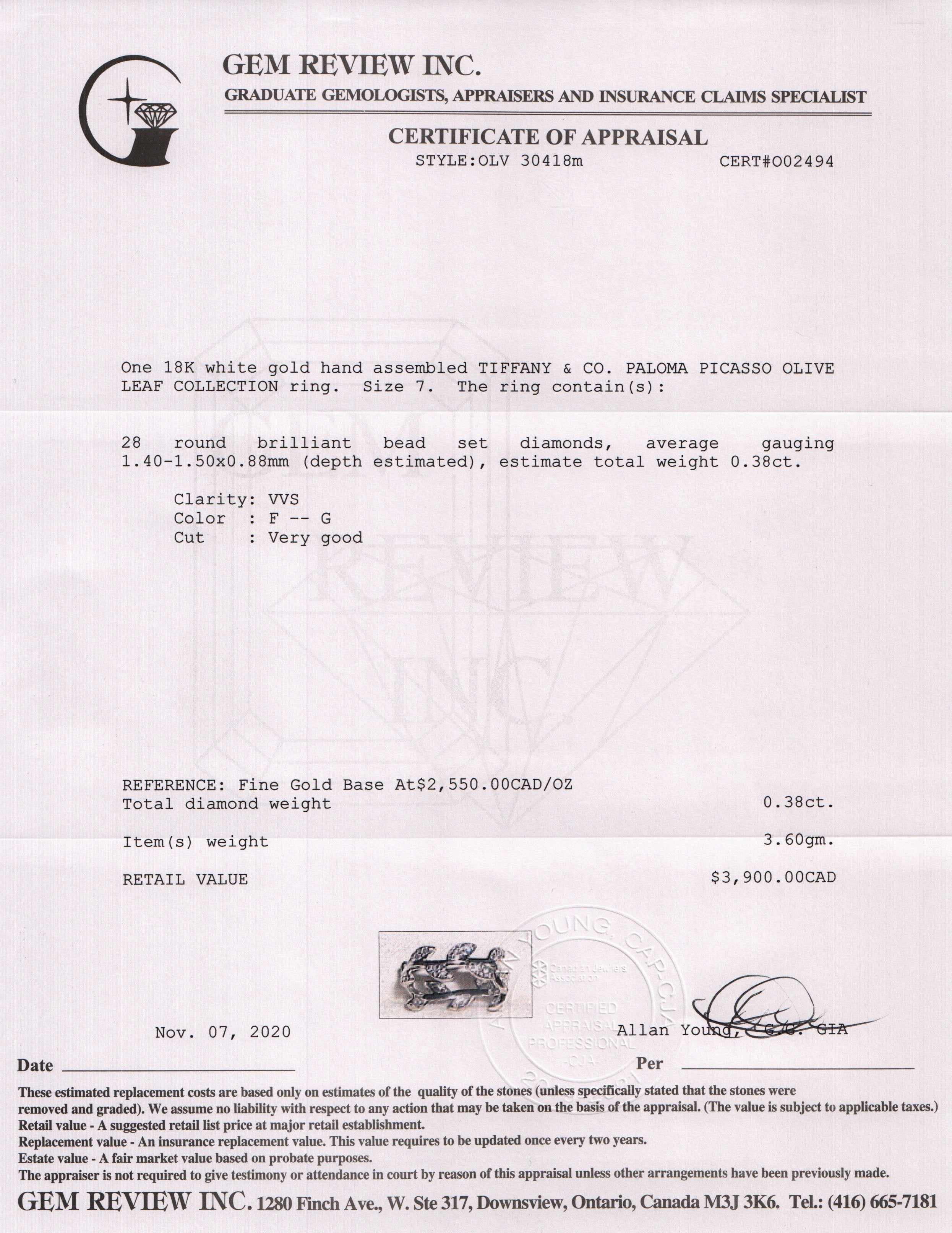 Tiffany & Co. 18k White Gold Paloma Picasso Olive Leaf Ring with Diamonds