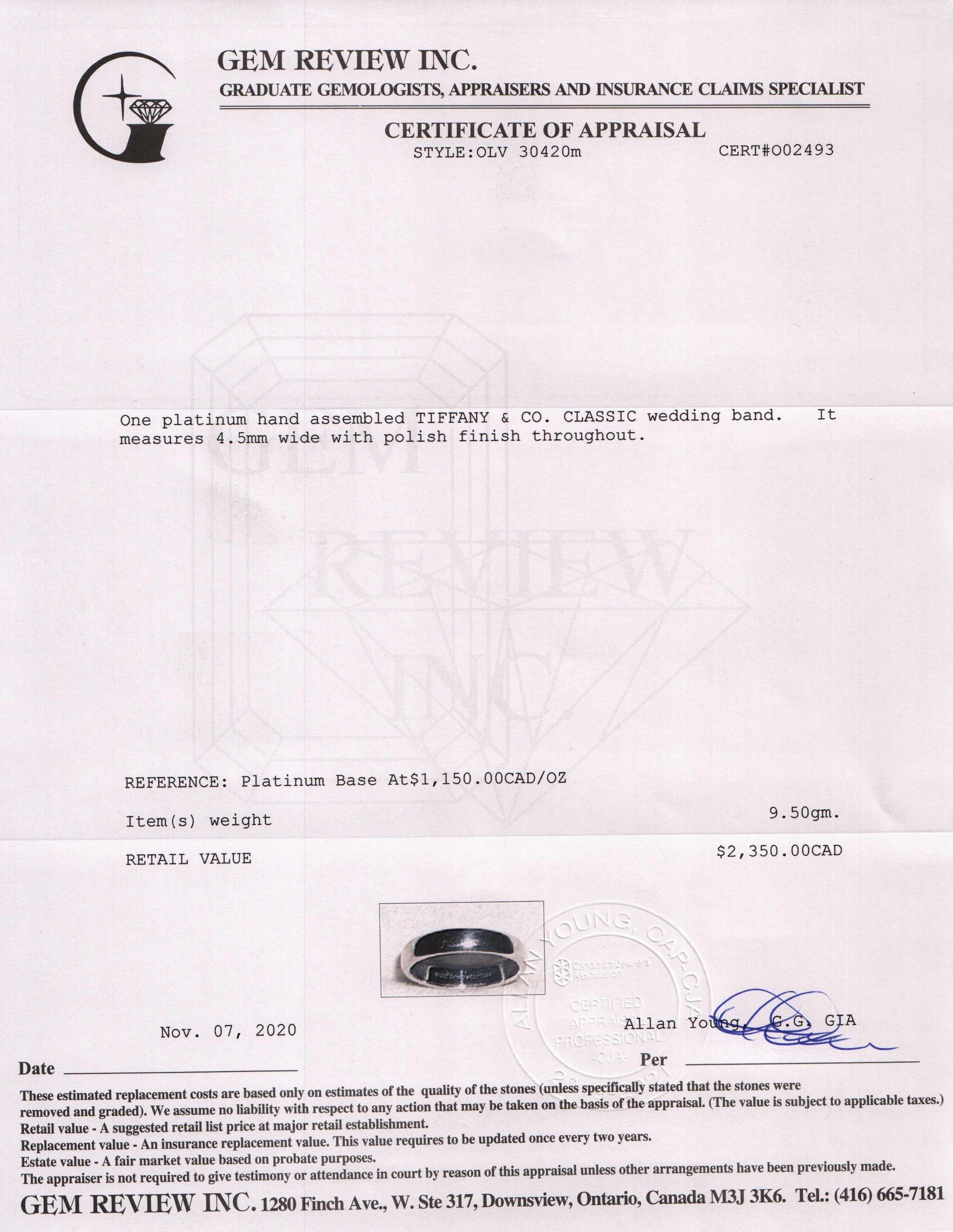 Tiffany & Co. Platinum Classic Wedding Band Ring