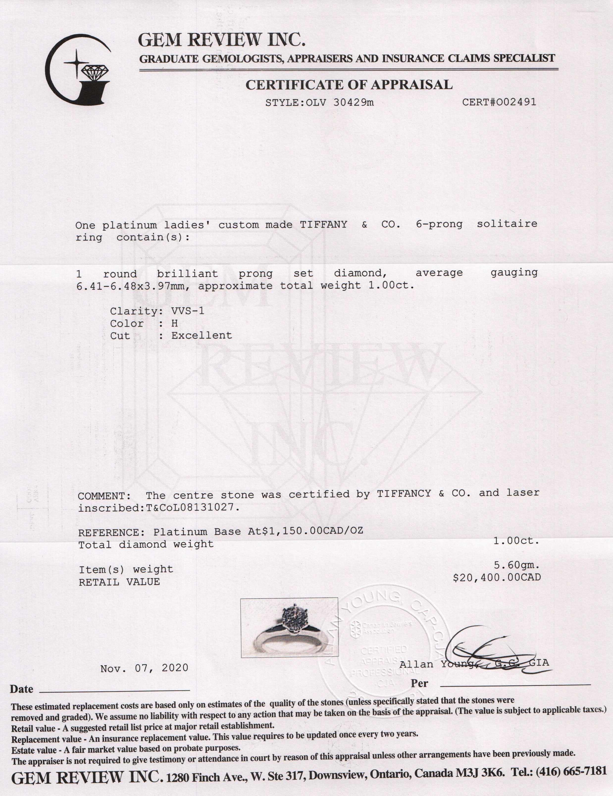 Tiffany & Co. Solitaire 1.00 ct. Round Diamond Engagement Ring