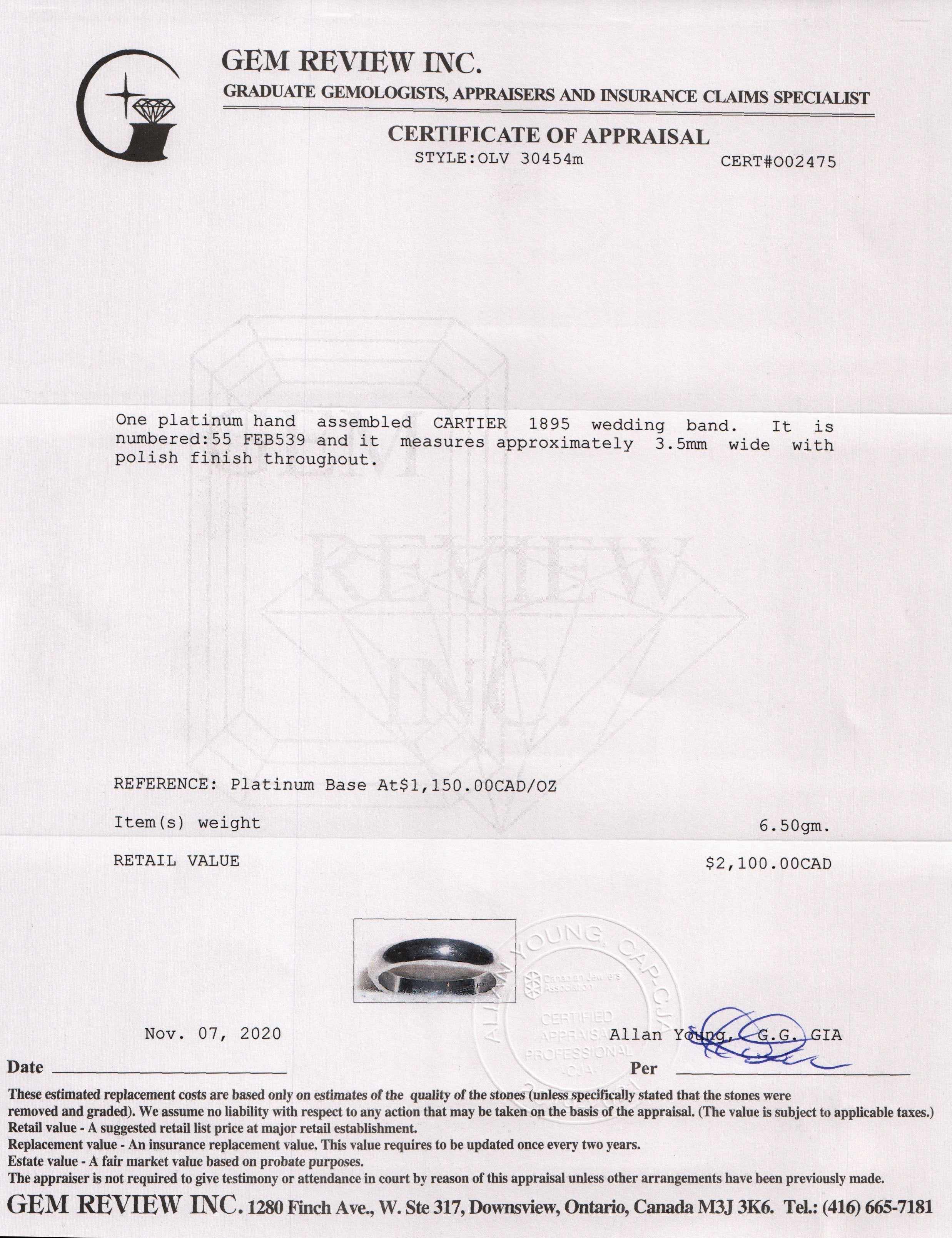 Cartier Platinum 1895 Wedding Band w/ Receipt & Box