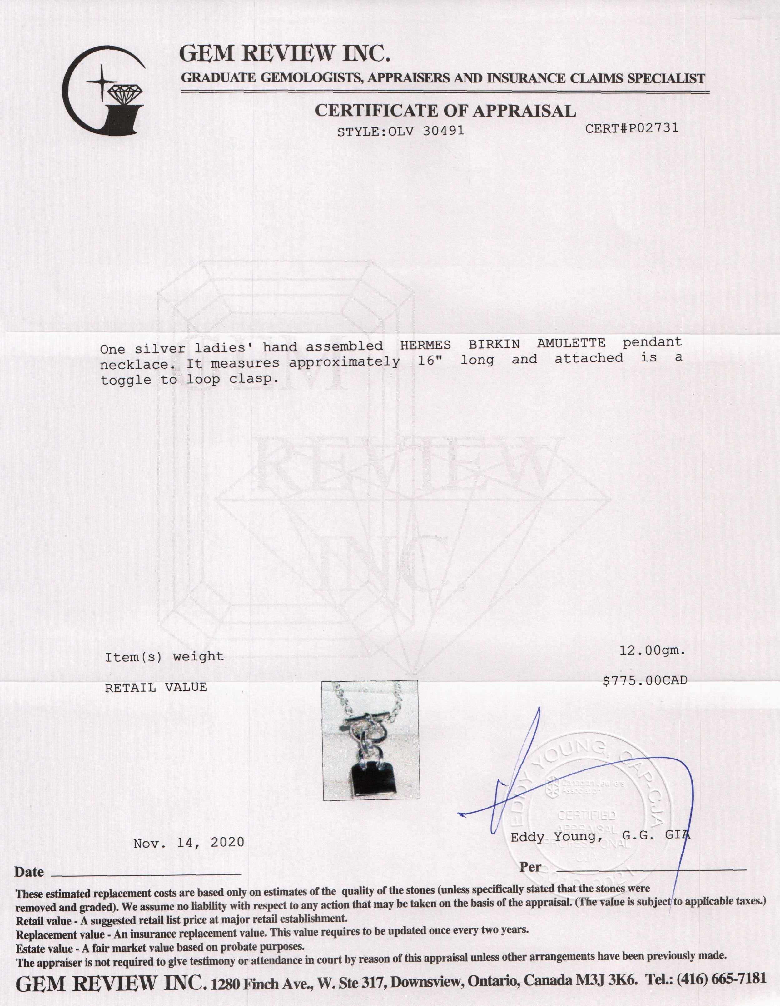 Hermes Birkin Amulette Pendant Necklace w/ Receipt & Box