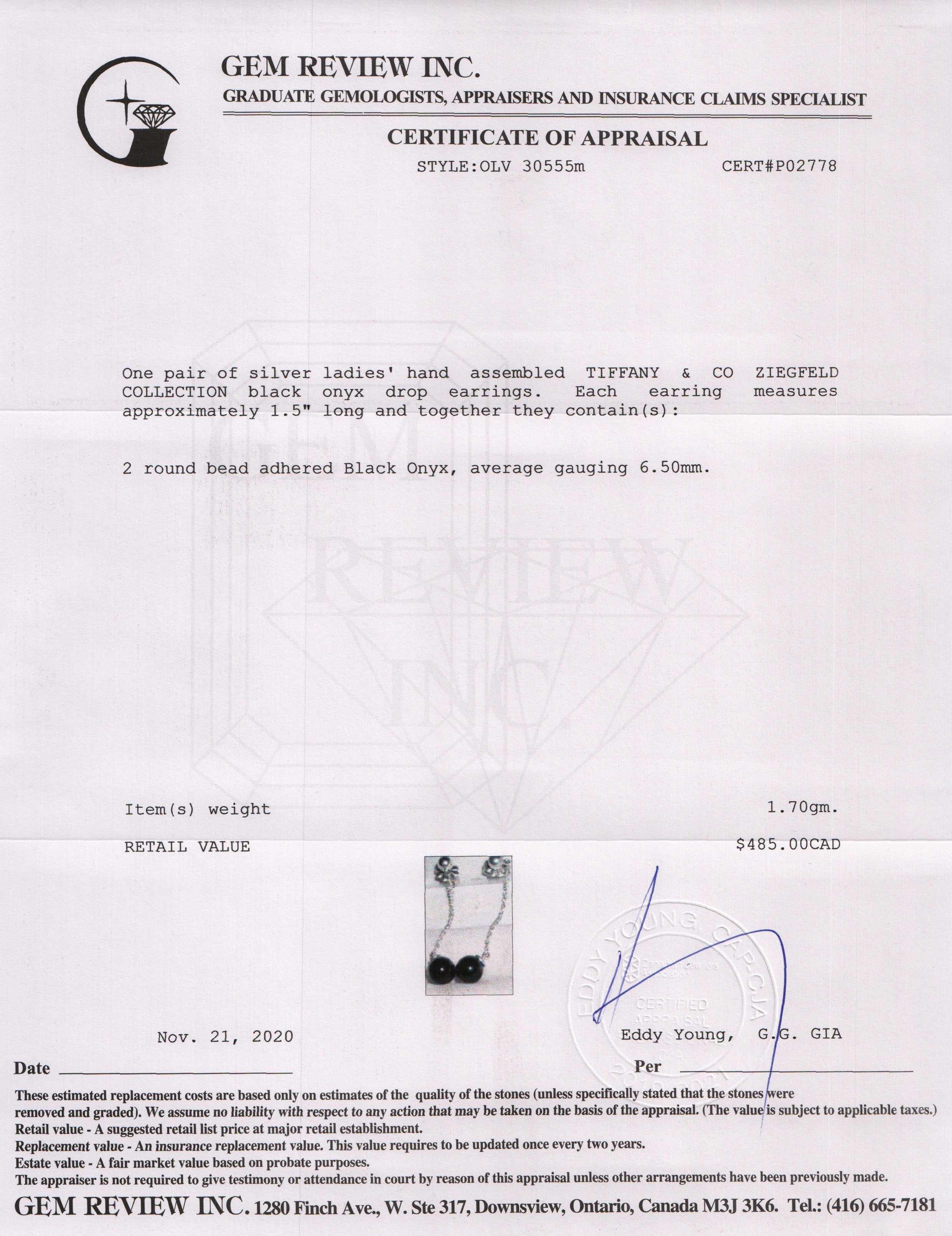 Tiffany & Co. Ziegfeld Collection Black Onyx Drop Earrings