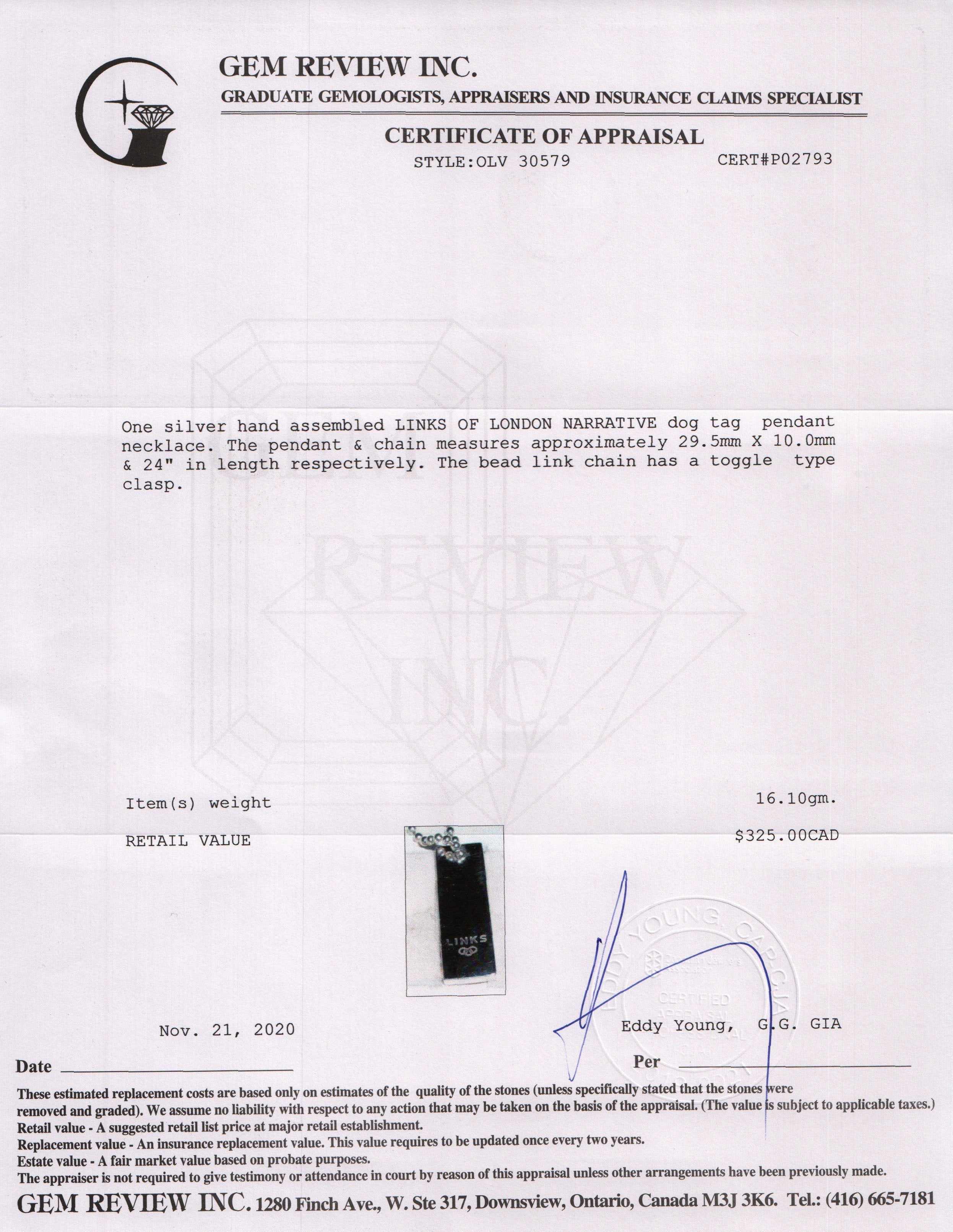 Links of London Narrative Dog Tag Pendant Necklace