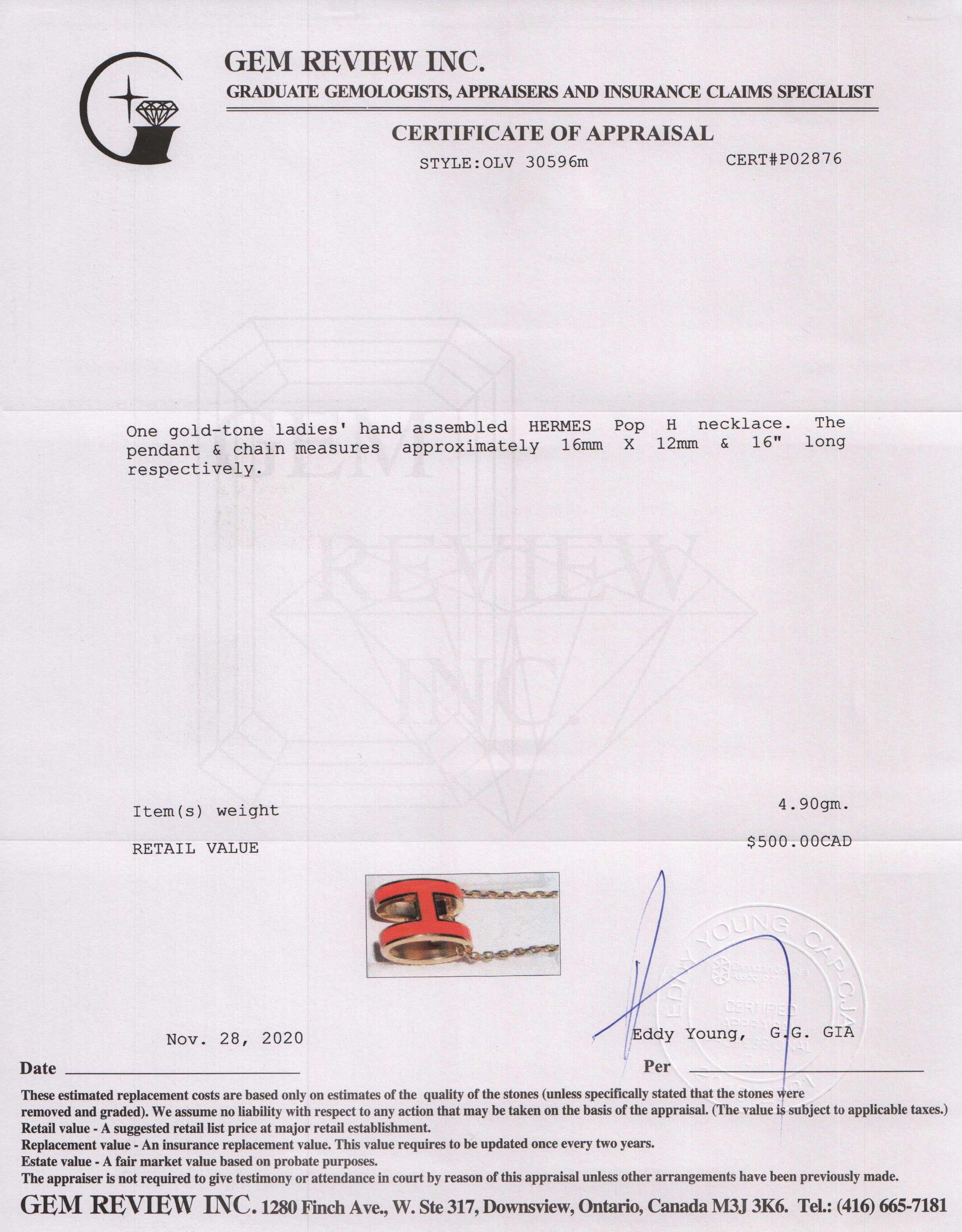 Hermes Pop H Pendant Necklace w/ Box